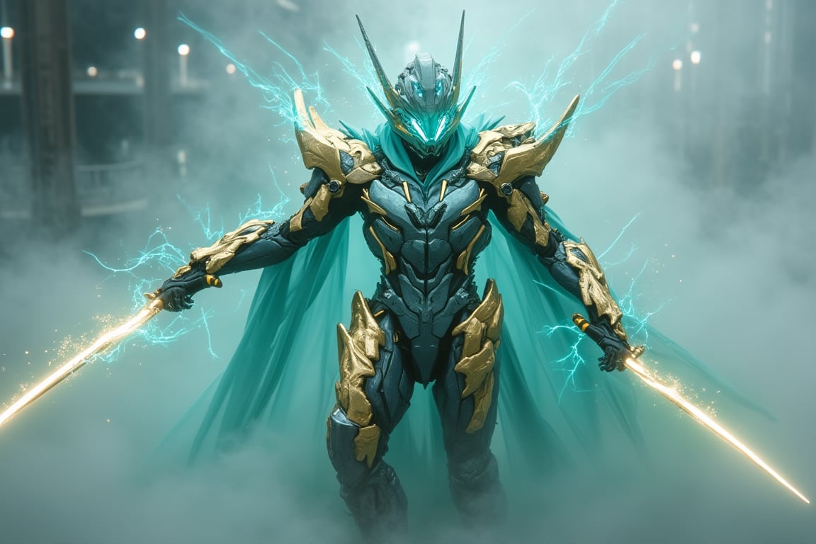 RAW, photorealistic image of Bobotflux fused with tennogen armour, creamic intricate design, superhero tokusatsu in teal and gold colour, releasing ethereal glow, glowing eyes,  swinging his swords elegantly, inside the mist, surreal