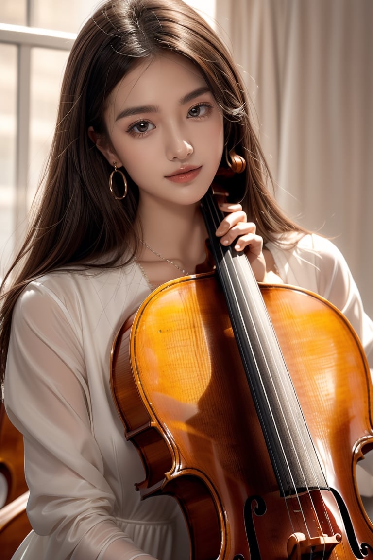 background is concert hall,cello,
18 yo, 1 girl, beautiful korean girl(pretty cello player),sitting on chair,wearing neat dress,playing cello,happy smile, solo, {beautiful and detailed eyes}, dark eyes, calm expression, delicate facial features, ((model pose)), Glamor body type, (dark hair:1.2),straight hair,very long hair,bangs, simple tiny earrings, simple tiny necklace, flim grain, realhands, masterpiece, Best Quality, 16k, photorealistic, ultra-detailed, finely detailed, high resolution, perfect dynamic composition, beautiful detailed eyes, sharp-focus, full_body, cowboy_shot,midjourney