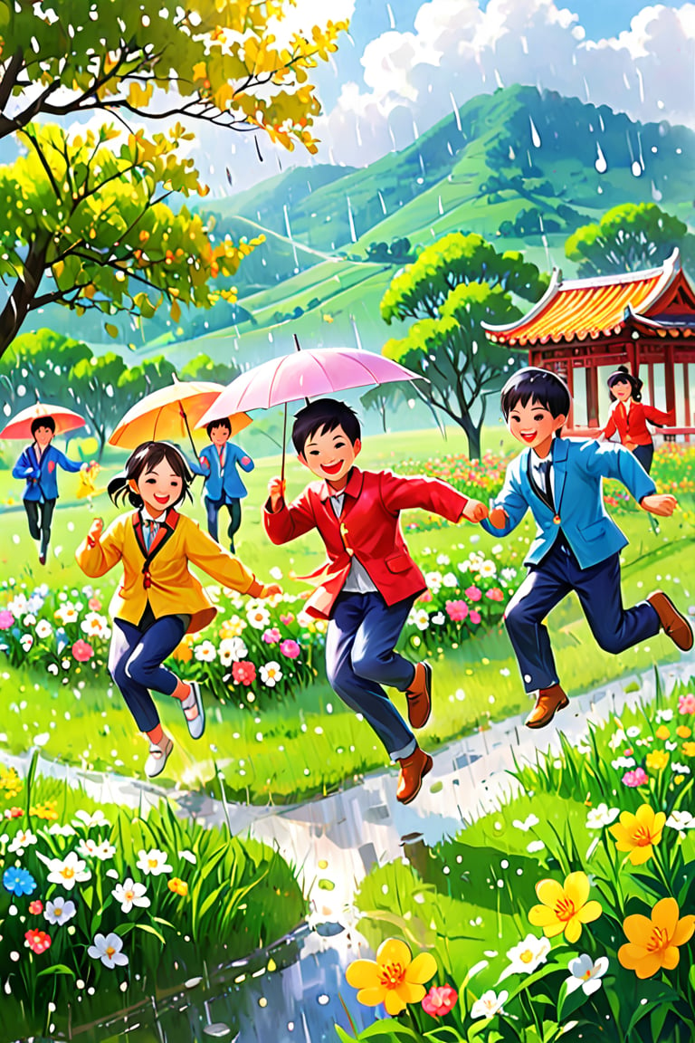 Draw a picture of a group of fashionable young Chinese people playing in the beautiful countryside. Most of them are in their 20s. There are many flowers and beautiful trees in the fields. The boys and girls are smiling and getting along very harmoniously. This picture is refreshing. At this time, it started to rain, and the young people were even happier. They looked at the rain in the sky, happy and cheerful, jumping up and down.