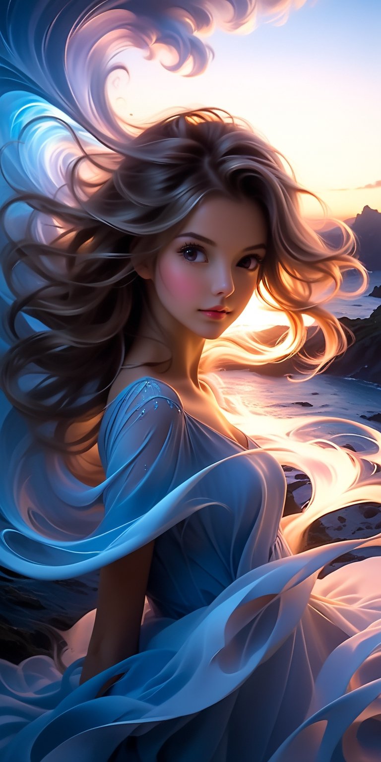 Airbrushing (Beautiful mystical allure) long swirling hair, smart, environment, Using airbrushing for art, often for smooth gradients, spray effects, or automotive art,1 girl,anime
