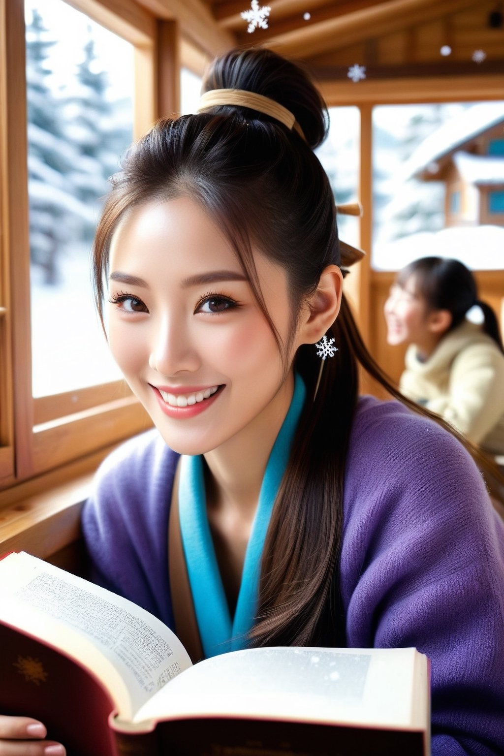 Super detailed close-up portrait,surreal, stunning quality, masterpiece, best quality, awesome, inspiring, smiling funny woman with high ponytail hairstyle , a heartwarming portrait of a kind-eyed Korean woman with a smile that radiates warmth as she reads to a group of children nestled in a cozy cabin as snowflakes fall gently outside the window.