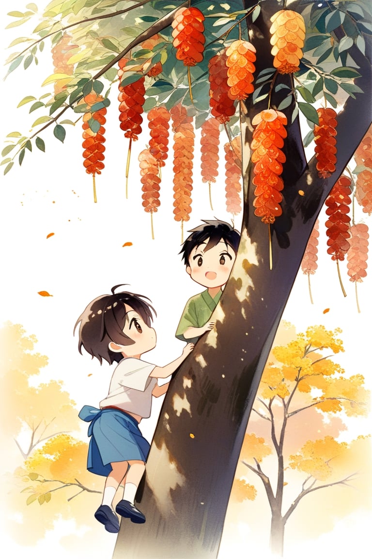 kids , Two children of eight or nine years old, (one boy and one girl), The boy climbed up to the tall jujube tree and picked dates for her. The girl looked at the boy in admiration under the tree.Pretty,chibi,japan