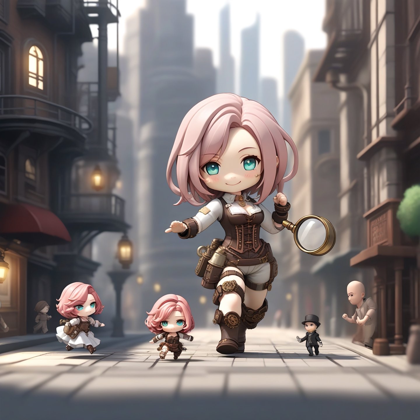 Masterpiece, Best Quality, High Resolution, PVC, Rendering, Chibi, High Resolution, Single Girl, Anya, Anya Forger, Steampunk Costume, Pink Hair, Bob Hair, Smile, Selfish, Chibi, Being Chased Around the City, One Hand Magnifying Glass , Smile, Smile, Self-Justice, Full Body, Chibi, 3D Figure, Toy, Doll, Character Print, Front View, Natural Light, ((Real)) Quality: 1.2)), Dynamic Pose, Cinematic Lighting