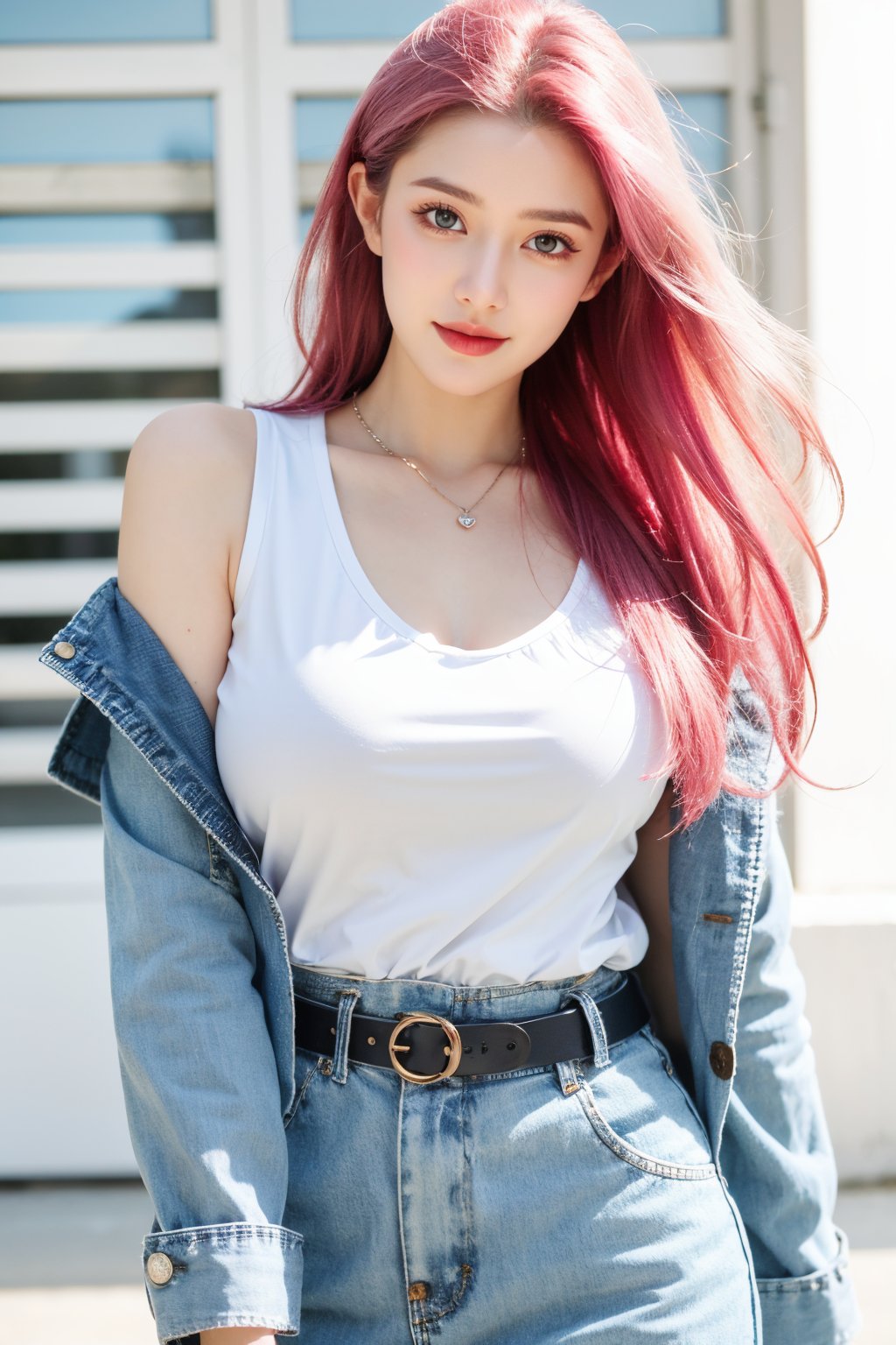 A young woman with vibrant pink hair and long locks framing her heart-shaped face. She gazes directly at the viewer, a warm smile spreading across her closed-mouthed lips. Her green eyes sparkle as she wears a white shirt with a jacket open to reveal a belt and necklace. A bag slung over her shoulder, she stands confidently, her denim jacket worn over a blue one, creating a sense of depth and texture in the blurred background.,Xyunxiao,(big breasts:1.39),