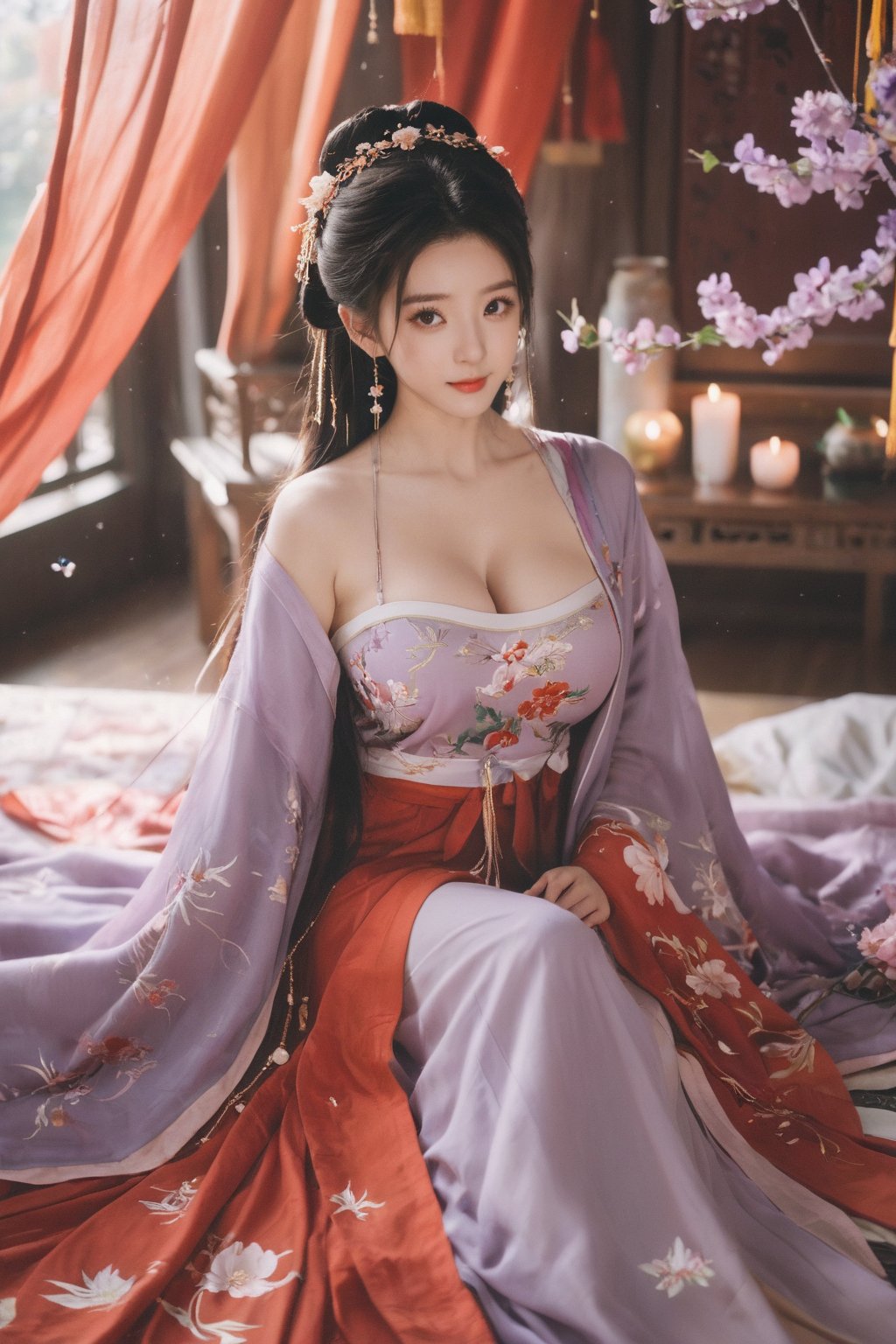 (masterpiece, best quality:1.2),1girl, solo, long hair, black hair,Hairpins,necklace, hair ornament, dress, full body, (huge breasts:2.29), (full breasts:1.69),flower, earrings, indoors, hair bun, (light purple-red dress:1.29),(Tube top Hanfu long skirt:1.1), pillow, bed, night, chinese clothes, table, branch,daxiushan, ,daxiushan style,(huge breasts:2.39), (full breasts:1.79), realistic,hanfu, daxiushan,Shoulders are exposed, , daxiushan, arien_hanfu, FilmGirl,,Xyunxiao,weijin_hanfu,Xningyudie