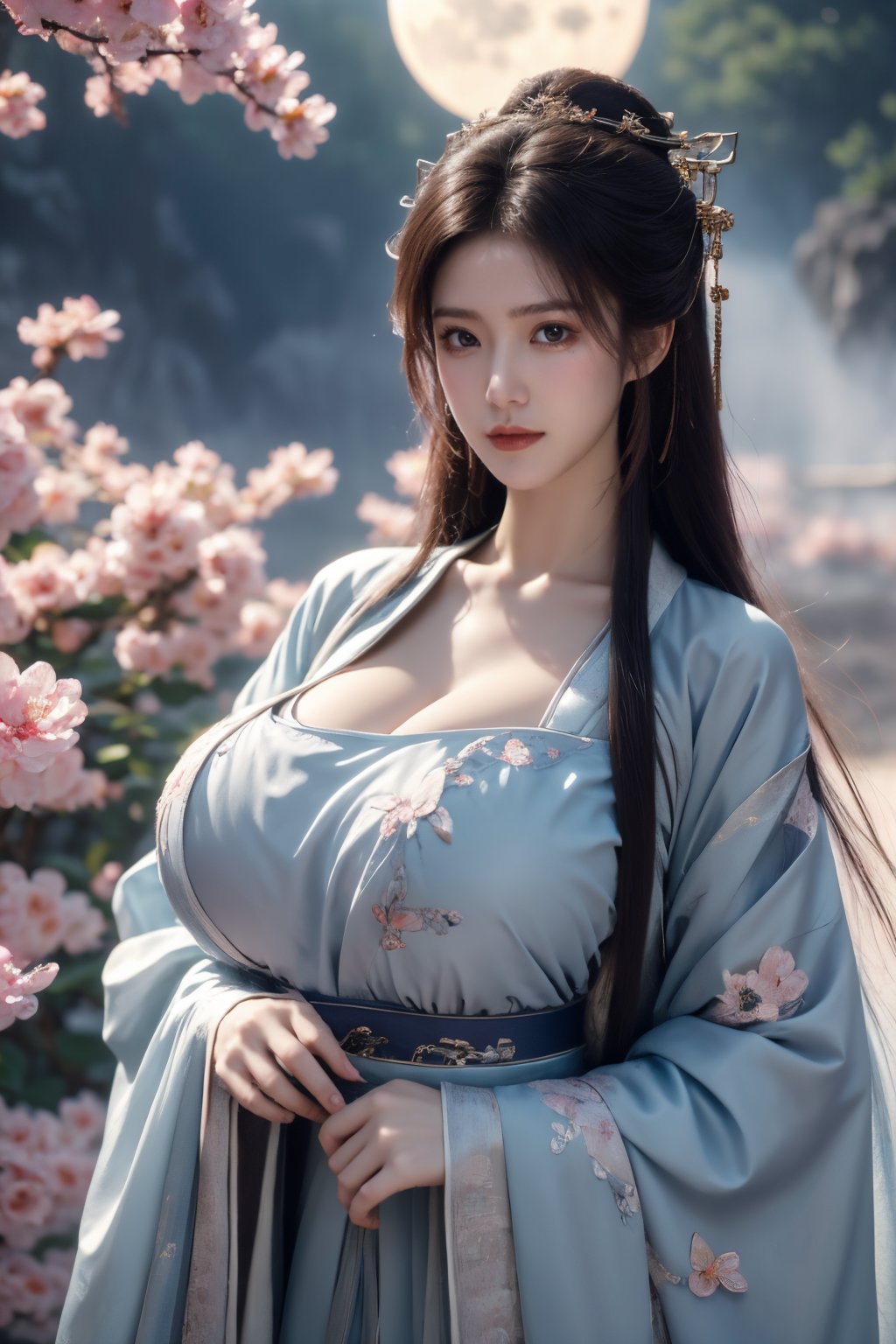 (masterpiece, best quality:1.2), highres, extremely detailed, 1girl, purple hair, eye highlights,BREAK,(light blue hanfu dress:1.39), frills, outdoors, flower, fluttering petals, upper body, depth of field,pastel color, Depth of field,(garden of the sun,shiny,flowers, garden, 1girl, butterfly style, butterflies:1.23), ultra detailed, glary,Light, light particles,glitter,reflect,(big breasts:1.69),Xyunxiao,(full moon:1.39),waterfall 