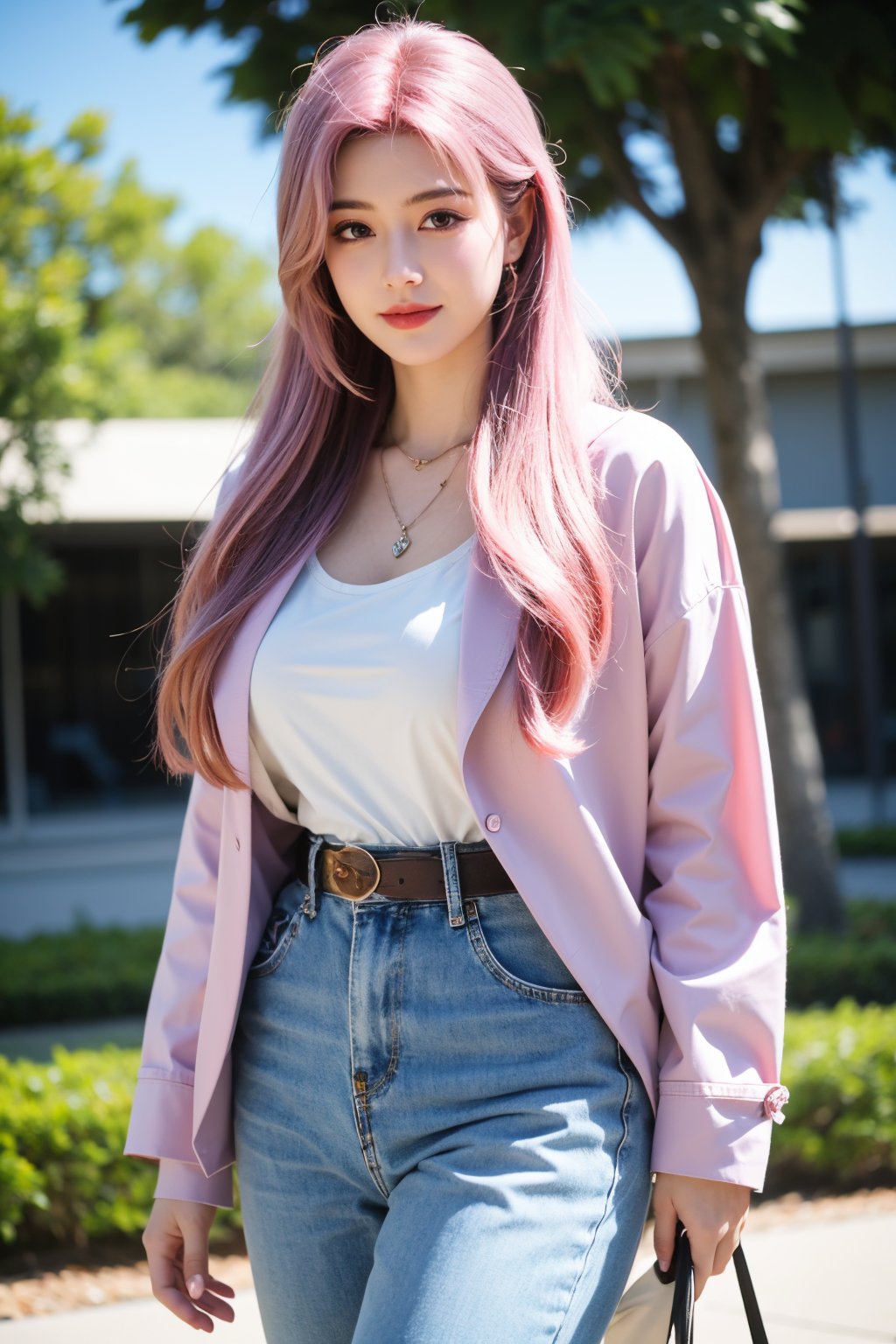 A young girl with vibrant pink hair and long locks framing her heart-shaped face. She gazes directly at the viewer, a warm smile spreading across her closed-mouthed lips. Her green eyes sparkle as she wears a white shirt with a jacket open to reveal a belt and necklace. A bag slung over her shoulder, she stands confidently, her denim jacket worn over a blue one, creating a sense of depth and texture in the blurred background.,Xyunxiao,(big breasts:1.59),Ziling