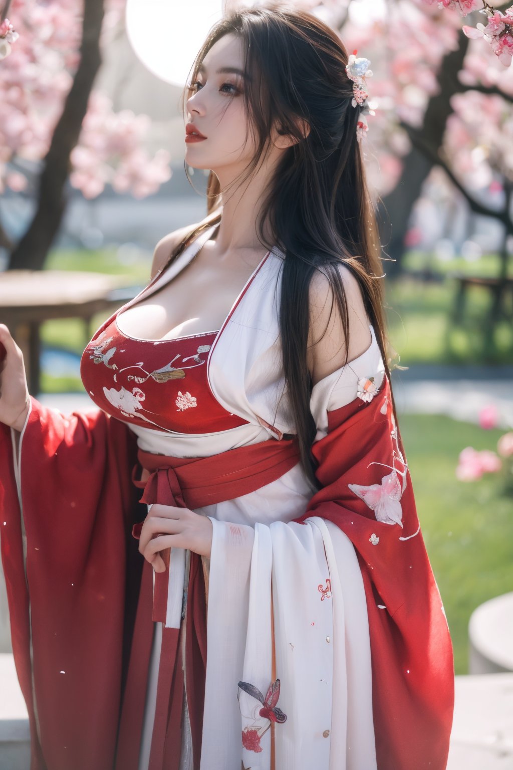 (masterpiece, best quality:1.2), highres, extremely detailed, 1 girl, very long hair, eye highlights,
BREAK,
(red hanfu dress:1.39), frills, outdoors, flower, fluttering petals, pefect body, depth of field,pastel color, Depth of field,garden of the sun,shiny,flowers, garden, 1girl, (butterfly style, butterflies:1.23), ultra detailed, glary,Light, light particles,glitter,reflect,,(big breasts:1.62),Xyunxiao,(full moon:1.39),