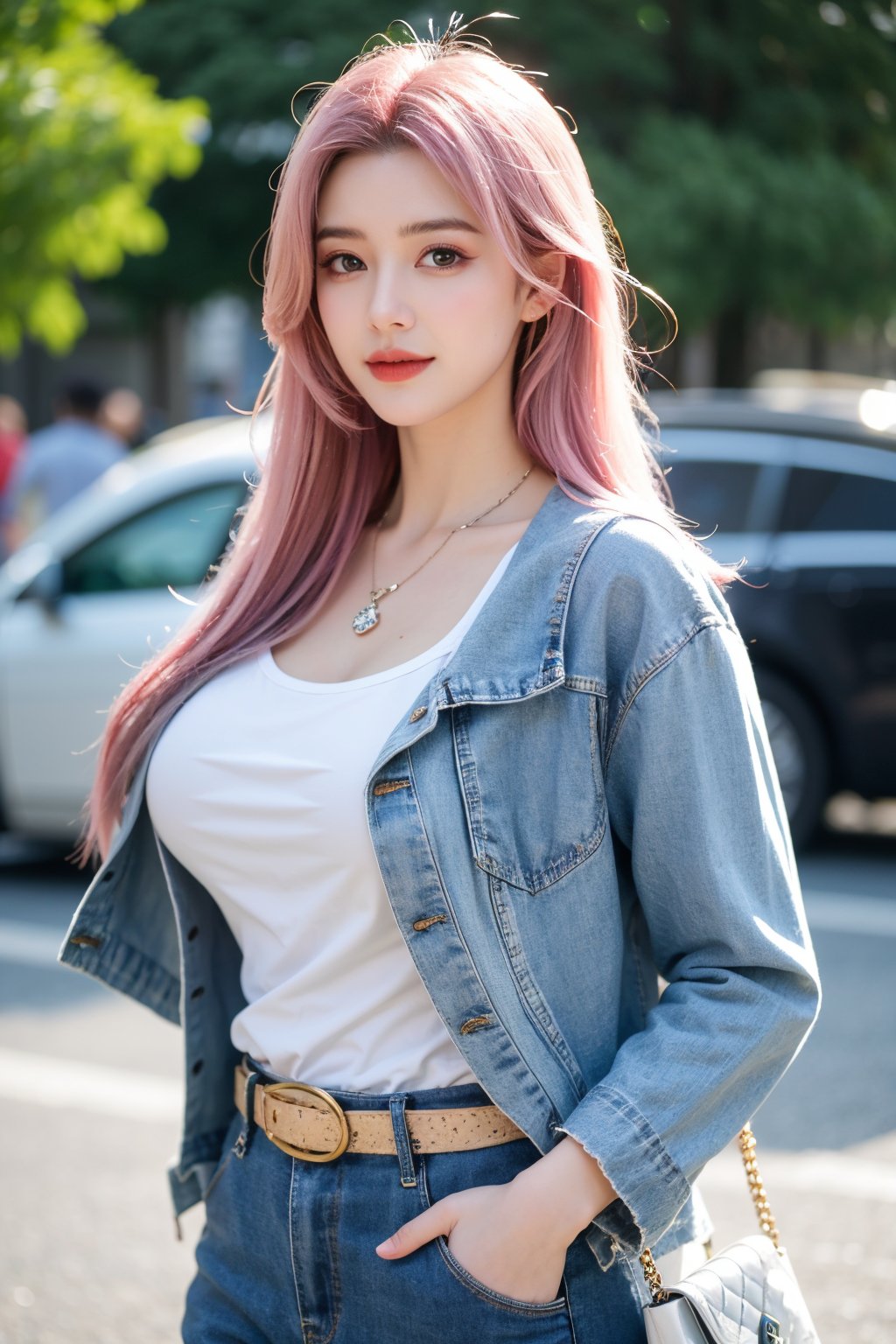 A young woman with vibrant pink hair and long locks framing her heart-shaped face. She gazes directly at the viewer, a warm smile spreading across her closed-mouthed lips. Her green eyes sparkle as she wears a white shirt with a jacket open to reveal a belt and necklace. A bag slung over her shoulder, she stands confidently, her denim jacket worn over a blue one, creating a sense of depth and texture in the blurred background.,Xyunxiao,(big breasts:1.39),Ziling