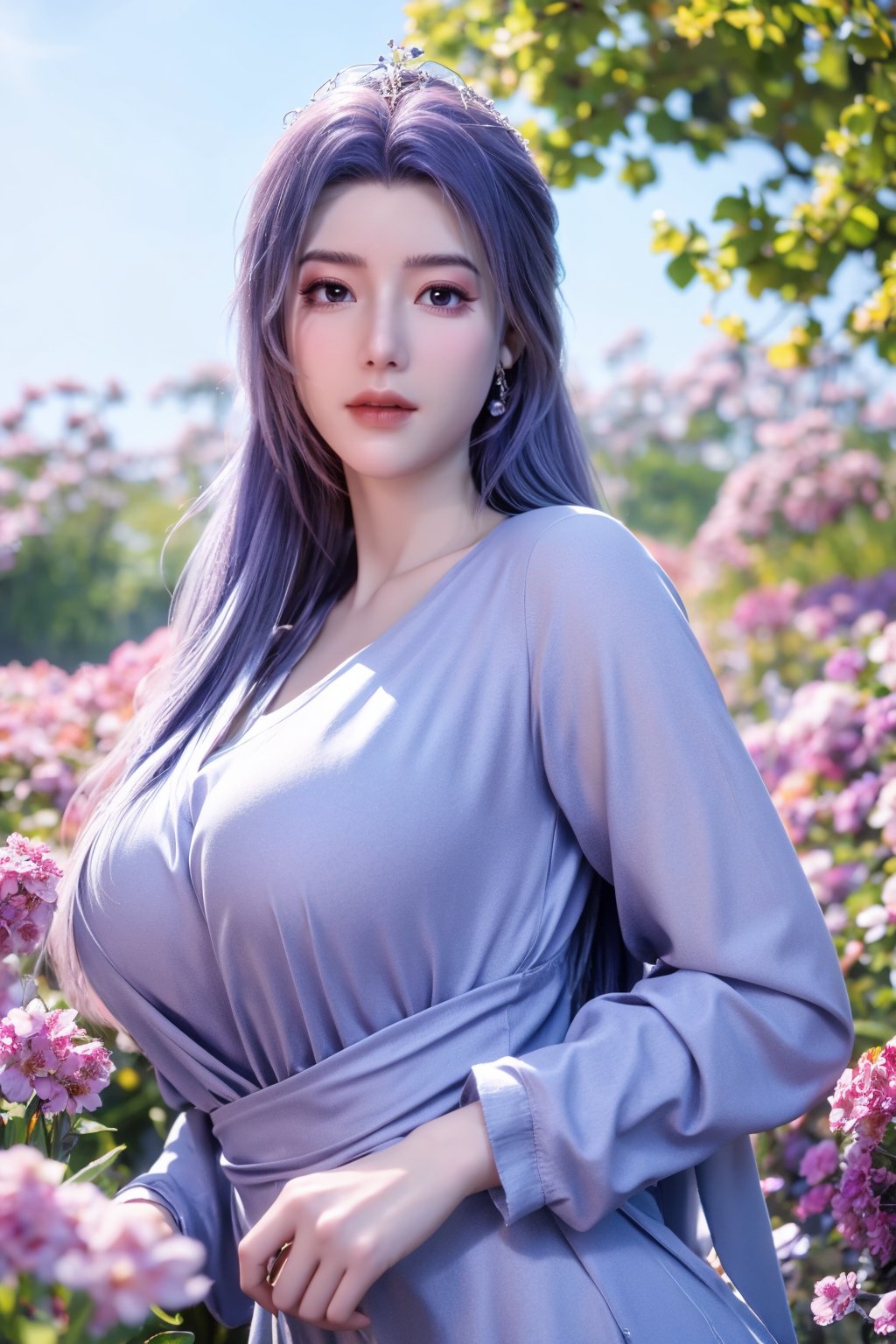(masterpiece, best quality:1.2), highres, extremely detailed, 1 girl, purple hair, eye highlights,purple dress, frills, outdoors, flower, fluttering petals, upper body, depth of field,pastel color, Depth of field,garden of the sun,shiny,flowers, garden, 1girl, butterfly style, butterflies, ultra detailed, glary,Light, light particles,glitter,reflect,,(big breasts:1.29),Xyunxiao,sky_moon,Ziling