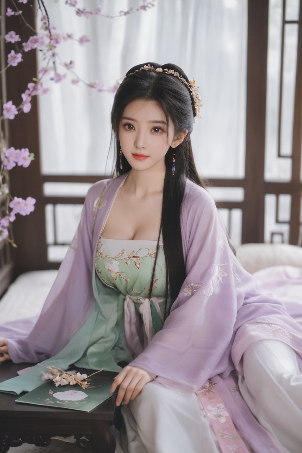 (masterpiece, best quality:1.2),1girl, solo, long hair, black hair,Hairpins,necklace, hair ornament, dress, full body, (huge breasts:2.19), (full breasts:1.69),flower, earrings, indoors, hair bun, (light purple-green dress:1.29),(Tube top Hanfu long skirt:1.1), pillow, bed, night, chinese clothes, table, branch,daxiushan, ,daxiushan style,(huge breasts:2.36), (full breasts:1.79), realistic,hanfu, daxiushan,Shoulders are exposed, , daxiushan, arien_hanfu, FilmGirl,,Xyunxiao,weijin_hanfu,Xningyudie