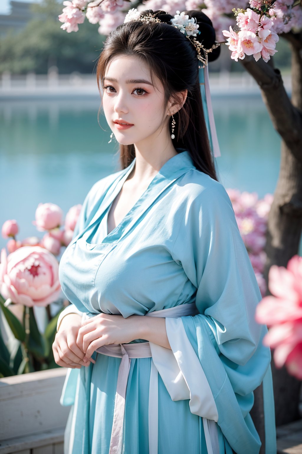 Masterpiece, Best Quality,young and beautiful Chinese girl wearing a cheongsam with coiled hair,wearing vintage Chinese earrings, (big breasts:1.45),1girl, half, (Masterpiece:1.2), best quality,arien_hanfu, 1girl, (spring scene:1.59), (light blue hanfu dress:1.29),looking_at_viewer, (big breasts:1.69),Young beauty spirit,(The background is the Forbidden City1.39),Xyunxiao,(Large aperture, blurred background, spring scene, peony flowers:1.39)