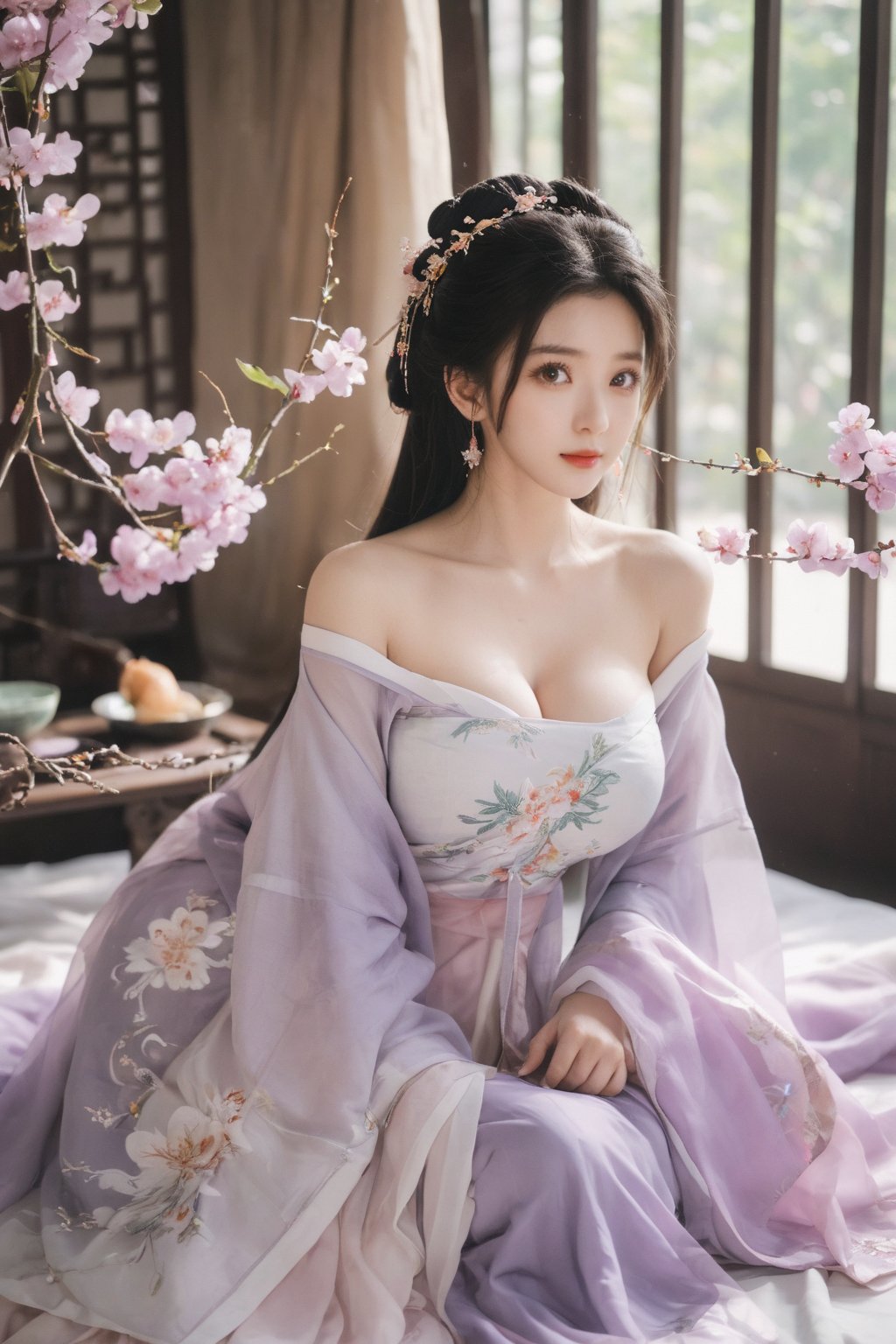 (masterpiece, best quality:1.2),1girl, solo, long hair, black hair,Hairpins,necklace, hair ornament, dress, full body, (huge breasts:2.29), (full breasts:1.69),flower, earrings, indoors, hair bun, (light purple-white dress:1.29),(Tube top Hanfu long skirt:1.1), pillow, bed, night, chinese clothes, table, branch,daxiushan, ,daxiushan style,(huge breasts:2.39), (full breasts:1.79), realistic,hanfu, daxiushan,Shoulders are exposed, , daxiushan, arien_hanfu, FilmGirl,,Xyunxiao,weijin_hanfu,Xningyudie