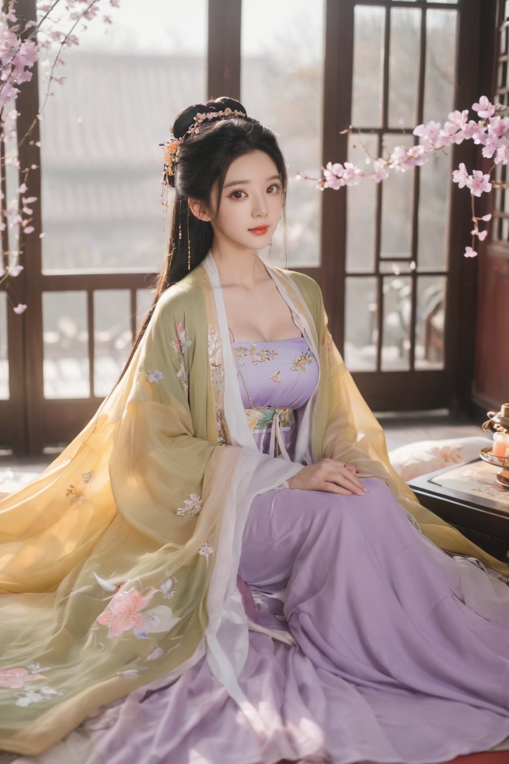 (masterpiece, best quality:1.2),1girl, solo, long hair, black hair,Hairpins,necklace, hair ornament, dress, full body, (huge breasts:2.29), (full breasts:1.69),flower, earrings, indoors, hair bun, (light purple-yellow dress:1.29),(Tube top Hanfu long skirt:1.1), pillow, bed, night, chinese clothes, table, branch,daxiushan, ,daxiushan style,(huge breasts:2.39), (full breasts:1.79), realistic,hanfu, daxiushan,Shoulders are exposed, , daxiushan, arien_hanfu, FilmGirl,,Xyunxiao,weijin_hanfu,Xningyudie