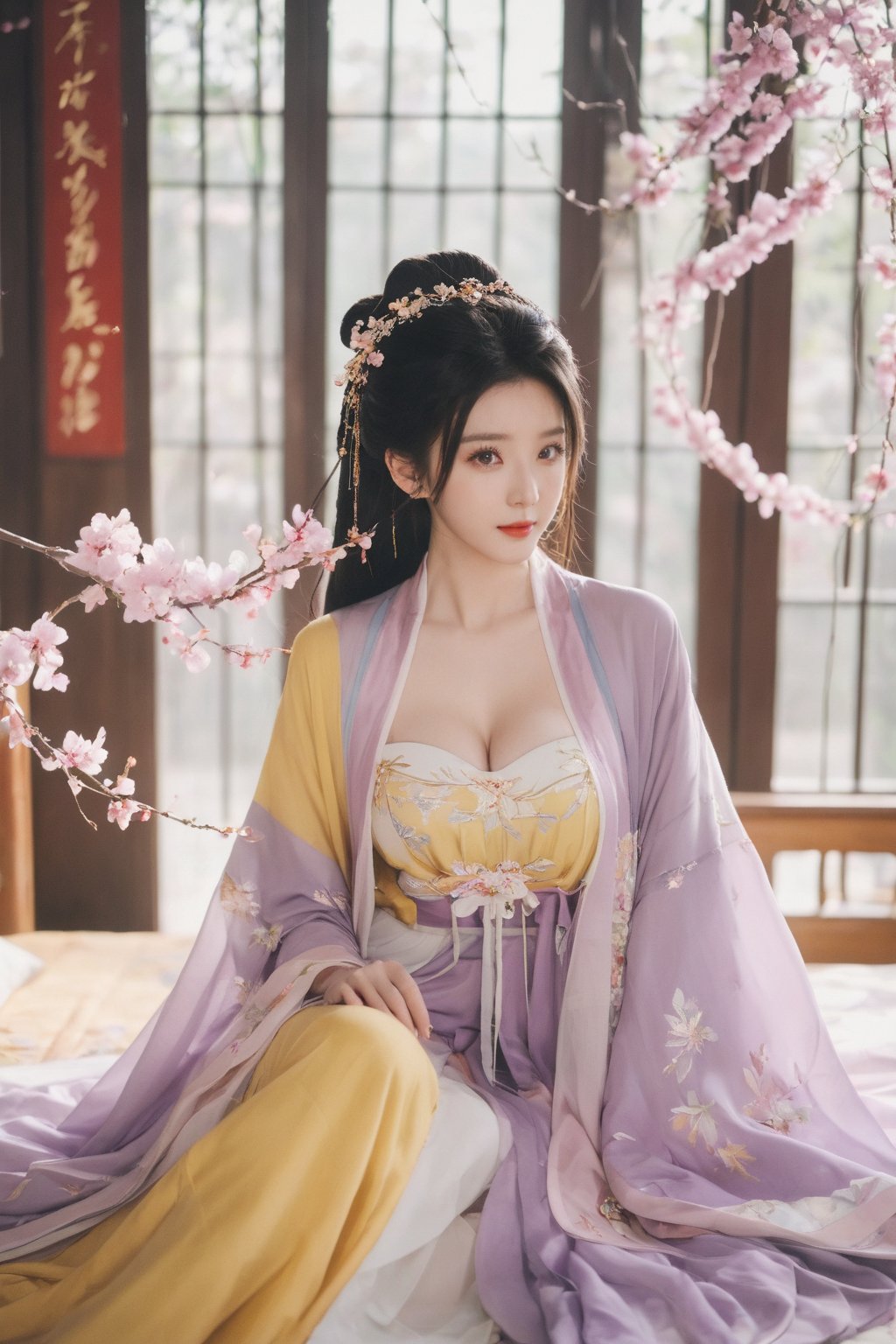 (masterpiece, best quality:1.2),1girl, solo, long hair, black hair,Hairpins,necklace, hair ornament, dress, full body, (huge breasts:2.29), (full breasts:1.69),flower, earrings, indoors, hair bun, (light purple-yellow dress:1.29),(Tube top Hanfu long skirt:1.1), pillow, bed, night, chinese clothes, table, branch,daxiushan, ,daxiushan style,(huge breasts:2.39), (full breasts:1.79), realistic,hanfu, daxiushan,Shoulders are exposed, , daxiushan, arien_hanfu, FilmGirl,,Xyunxiao,weijin_hanfu,Xningyudie