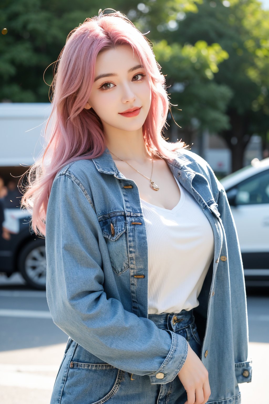 A young woman with vibrant pink hair and long locks framing her heart-shaped face. She gazes directly at the viewer, a warm smile spreading across her closed-mouthed lips. Her green eyes sparkle as she wears a white shirt with a jacket open to reveal a belt and necklace. A bag slung over her shoulder, she stands confidently, her denim jacket worn over a blue one, creating a sense of depth and texture in the blurred background.,Xyunxiao,(big breasts:1.39),