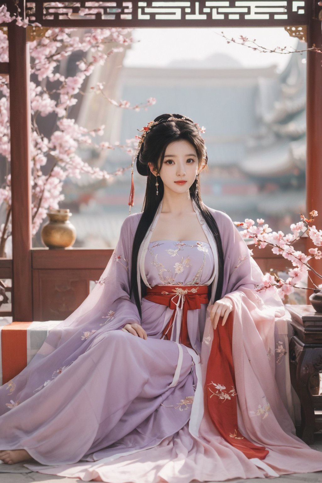 (masterpiece, best quality:1.2),1girl, solo, long hair, black hair,Hairpins,necklace, hair ornament, dress, full body, (huge breasts:2.29), (full breasts:1.69),flower, earrings, indoors, hair bun, (light purple-red dress:1.29),(Tube top Hanfu long skirt:1.1), pillow, bed, night, chinese clothes, table, branch,daxiushan, ,daxiushan style,(huge breasts:2.39), (full breasts:1.79), realistic,hanfu, daxiushan,Shoulders are exposed, , daxiushan, arien_hanfu, FilmGirl,,Xyunxiao,weijin_hanfu,Xningyudie