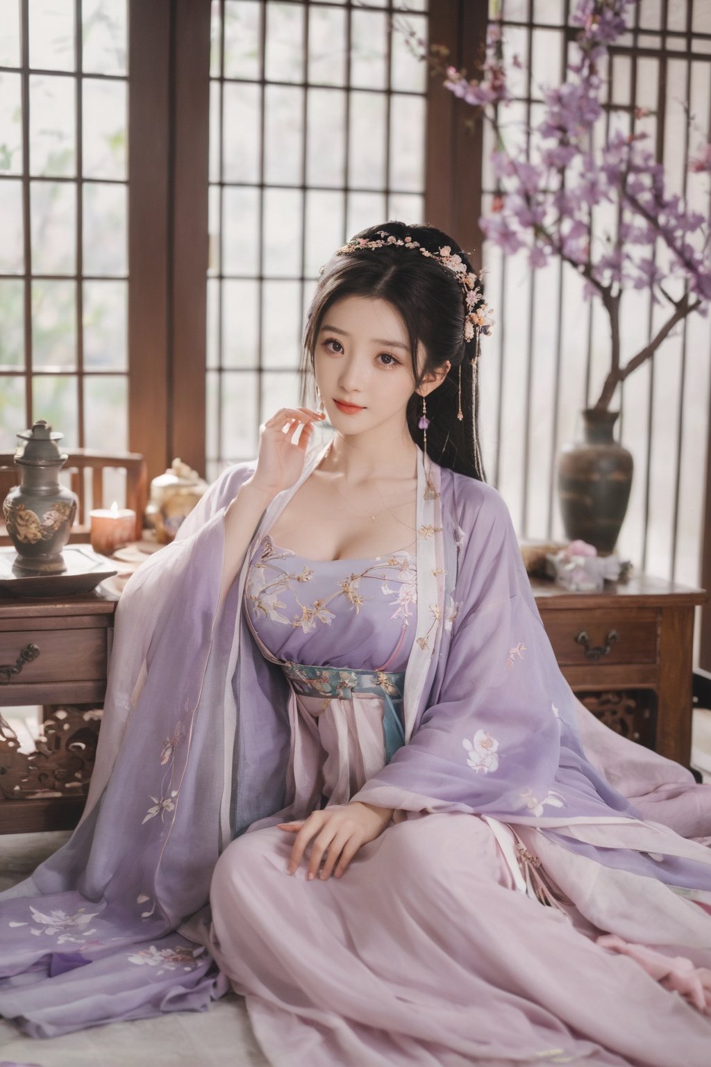 (masterpiece, best quality:1.2),1girl, solo, long hair, black hair,Hairpins,necklace, hair ornament, dress, full body, (huge breasts:2.29), (full breasts:1.69),flower, earrings, indoors, hair bun, (light purple-black dress:1.29),(Tube top Hanfu long skirt:1.1), pillow, bed, night, chinese clothes, table, branch,daxiushan, ,daxiushan style,(huge breasts:2.39), (full breasts:1.79), realistic,hanfu, daxiushan,Shoulders are exposed, , daxiushan, arien_hanfu, FilmGirl,,Xyunxiao,weijin_hanfu,Xningyudie