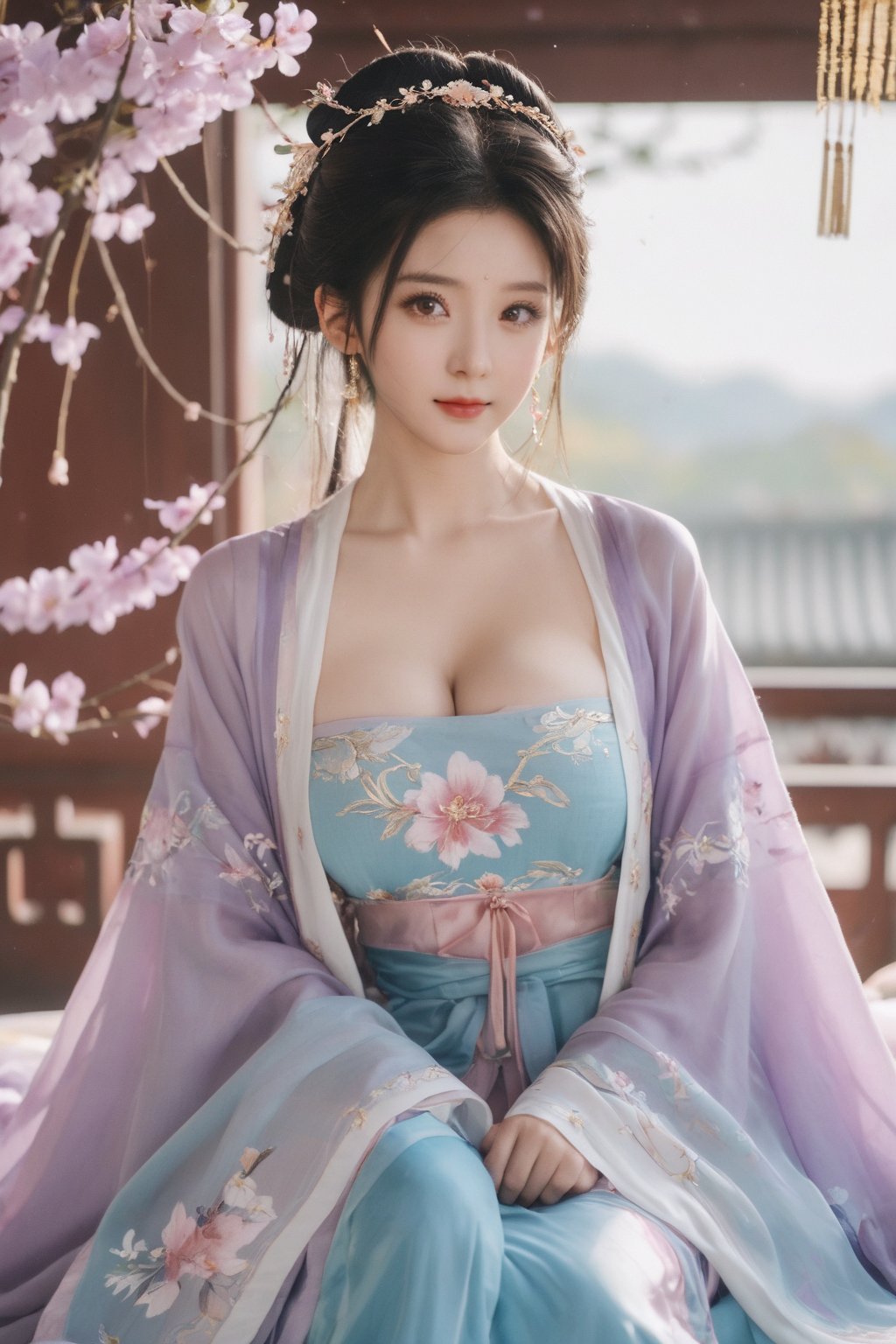 (masterpiece, best quality:1.2),1girl, solo, long hair, black hair,Hairpins,necklace, hair ornament, dress, full body, (huge breasts:2.29), (full breasts:1.69),flower, earrings, indoors, hair bun, (light purple-blue dress:1.29),(Tube top Hanfu long skirt:1.1), pillow, bed, night, chinese clothes, table, branch,daxiushan, ,daxiushan style,(huge breasts:2.39), (full breasts:1.79), realistic,hanfu, daxiushan,Shoulders are exposed, , daxiushan, arien_hanfu, FilmGirl,,Xyunxiao,weijin_hanfu,Xningyudie