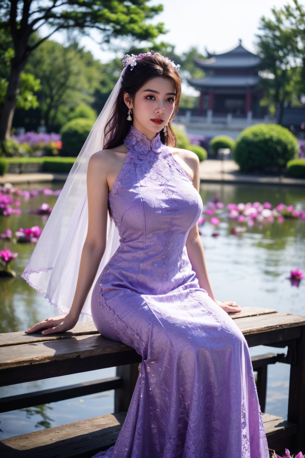 masterpiece,1girl,(mature female:0.5),tall body,golden proportions,(Kpop idol),(shiny skin:1.2),(oil skin:1.1),makeup,(close up),depth of field,(closed mouth:0.5),((long wavy purple hair)),(puffy eyes),(eyelashes:1.1),(parted lips:1.1),red lipstick,fantasy art style,dreamy light,(high neck purple wedding dress:1.59),(dark purple long wedding dress:1.39),(purple lace:1.36),(All clothes are purple:1.39),perfect body,(purple dreamy veil:1.3),(dusk:1.2),(princess shoes:1.1),(diamond necklace),(crystal hairpin),tyndall effect,highres,BREAK,(Sitting on a garden bench in a garden full of peony flowers, next to a lotus pond with ancient Chinese architecture in the background:1.49), (big breasts:2.33),(Lotus Pond,purple Flower:1.59)