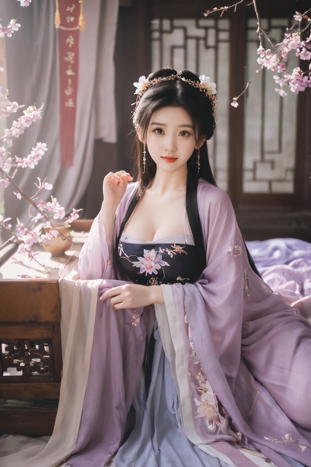 (masterpiece, best quality:1.2),1girl, solo, long hair, black hair,Hairpins,necklace, hair ornament, dress, full body, (huge breasts:2.29), (full breasts:1.69),flower, earrings, indoors, hair bun, (light purple-black dress:1.29),(Tube top Hanfu long skirt:1.1), pillow, bed, night, chinese clothes, table, branch,daxiushan, ,daxiushan style,(huge breasts:2.39), (full breasts:1.79), realistic,hanfu, daxiushan,Shoulders are exposed, , daxiushan, arien_hanfu, FilmGirl,,Xyunxiao,weijin_hanfu,Xningyudie