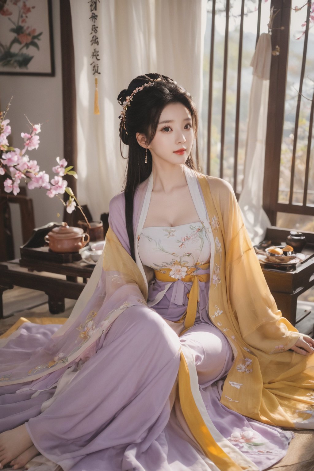 (masterpiece, best quality:1.2),1girl, solo, long hair, black hair,Hairpins,necklace, hair ornament, dress, full body, (huge breasts:2.29), (full breasts:1.69),flower, earrings, indoors, hair bun, (light purple|yellow dress:1.29),(Tube top Hanfu long skirt:1.1), pillow, bed, night, chinese clothes, table, branch,daxiushan, ,daxiushan style,(huge breasts:2.39), (full breasts:1.79), realistic,hanfu, daxiushan,Shoulders are exposed, , daxiushan, arien_hanfu, FilmGirl,,Xyunxiao,weijin_hanfu,Xningyudie