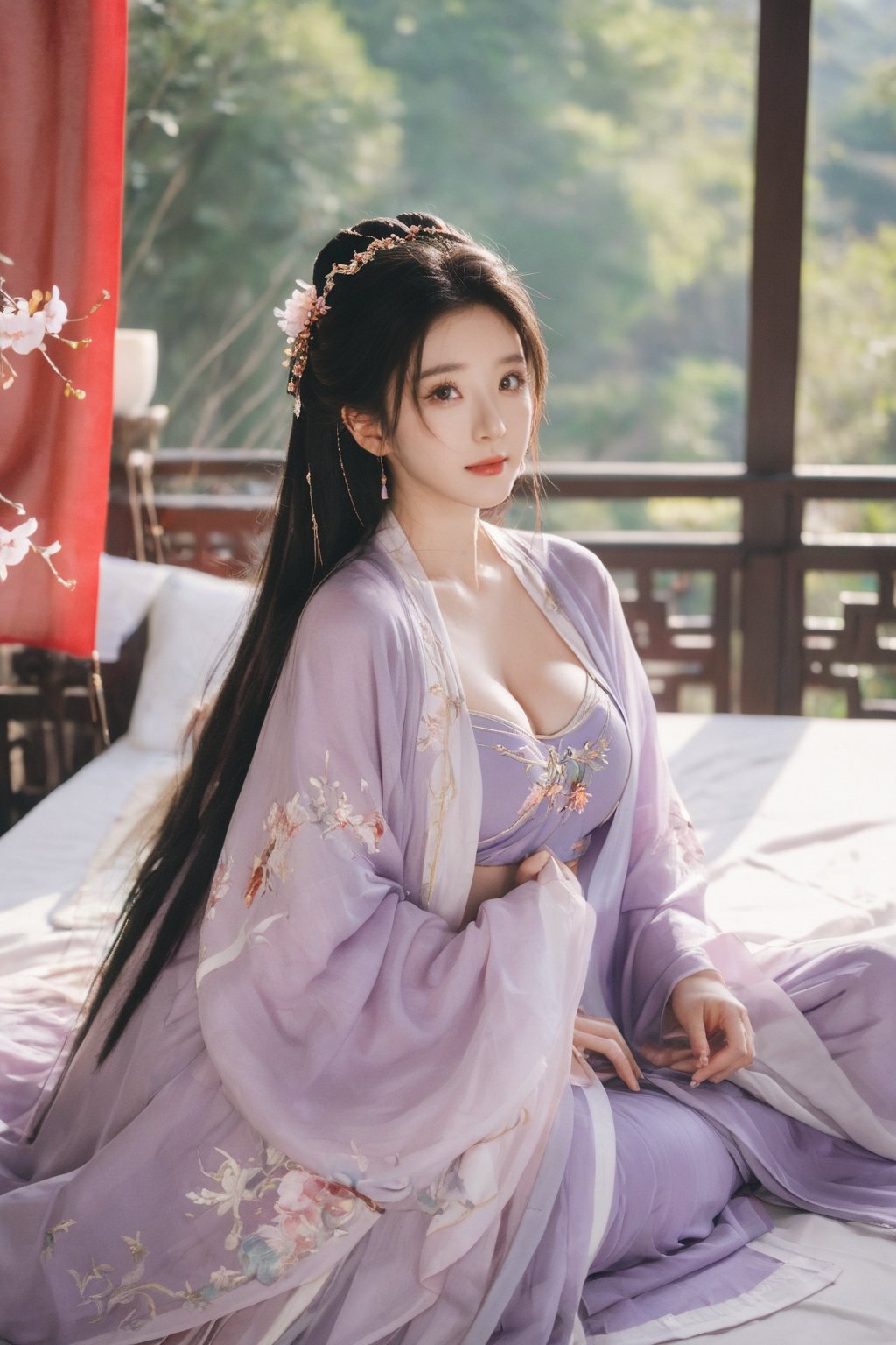 (masterpiece, best quality:1.2),1girl, solo, long hair, black hair,Hairpins,necklace, hair ornament, dress, full body, (huge breasts:2.29), (full breasts:1.69),flower, earrings, indoors, hair bun, (light purple-black dress:1.29),(Tube top Hanfu long skirt:1.1), pillow, bed, night, chinese clothes, table, branch,daxiushan, ,daxiushan style,(huge breasts:2.39), (full breasts:1.79), realistic,hanfu, daxiushan,Shoulders are exposed, , daxiushan, arien_hanfu, FilmGirl,,Xyunxiao,weijin_hanfu,Xningyudie