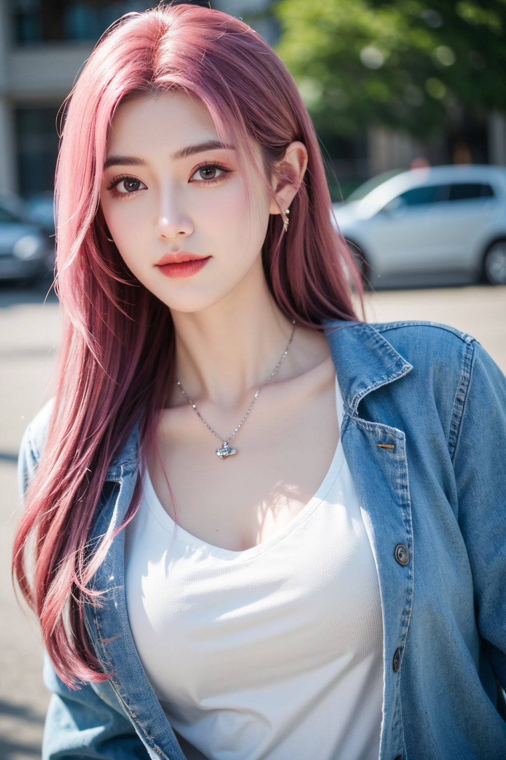 A young girl with vibrant pink hair and long locks framing her heart-shaped face. She gazes directly at the viewer, a warm smile spreading across her closed-mouthed lips. Her green eyes sparkle as she wears a white shirt with a jacket open to reveal a belt and necklace. A bag slung over her shoulder, she stands confidently, her denim jacket worn over a blue one, creating a sense of depth and texture in the blurred background.,Xyunxiao,(big breasts:1.59),Ziling