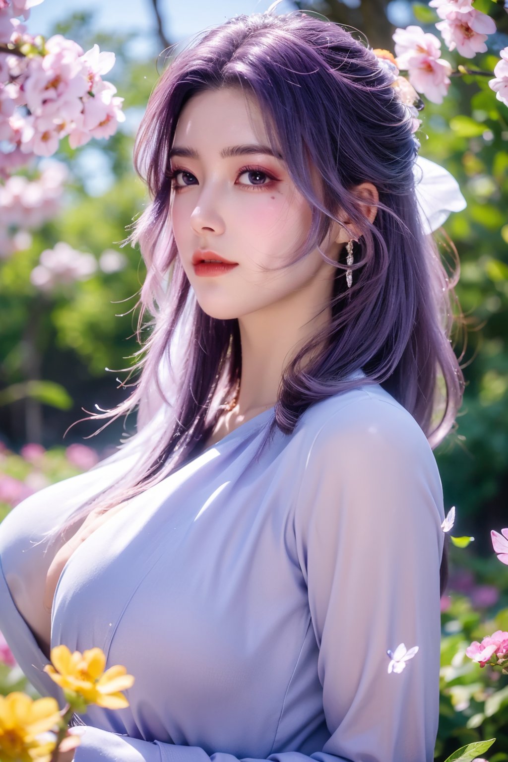 (masterpiece, best quality:1.2), highres, extremely detailed, 1 girl, purple hair, eye highlights,purple dress, frills, outdoors, flower, fluttering petals, upper body, depth of field,pastel color, Depth of field,garden of the sun,shiny,flowers, garden, 1girl, butterfly style, butterflies, ultra detailed, glary,Light, light particles,glitter,reflect,,(big breasts:1.29),Xyunxiao,sky_moon