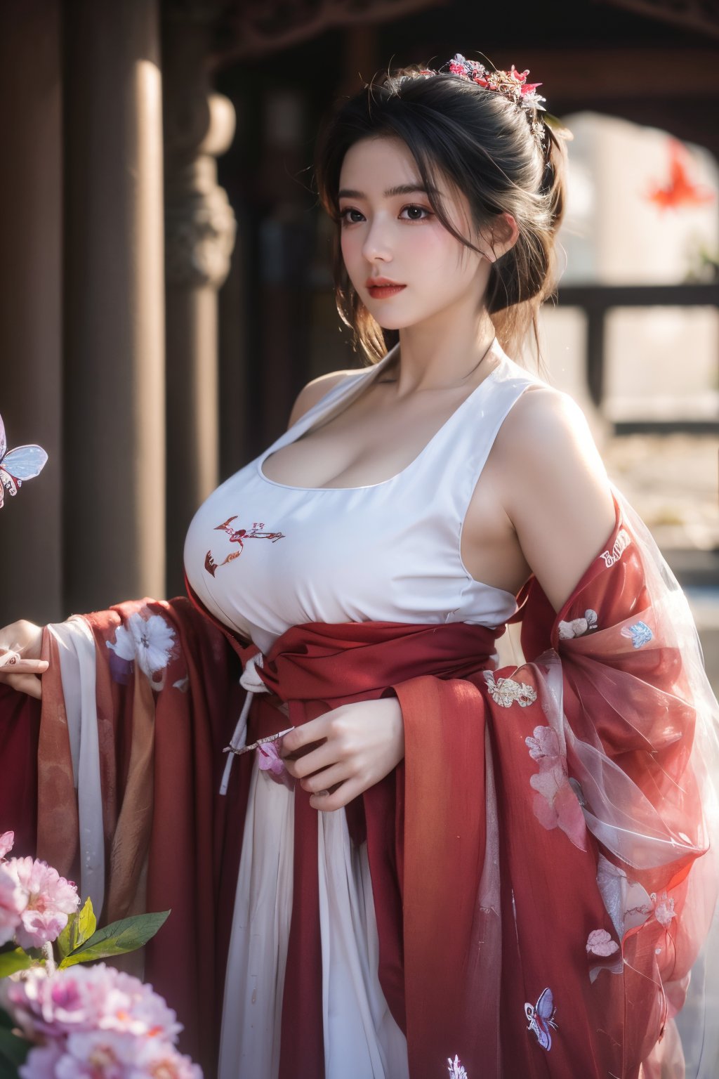 (masterpiece, best quality:1.2), highres, extremely detailed, 1 girl, very long hair, eye highlights,
BREAK,
(red hanfu dress:1.39), frills, outdoors, flower, fluttering petals, pefect body, depth of field,pastel color, Depth of field,garden of the sun,shiny,flowers, garden, 1girl, (butterfly style, butterflies:1.23), ultra detailed, glary,Light, light particles,glitter,reflect,,(big breasts:1.62),Xyunxiao,(full moon:1.39),