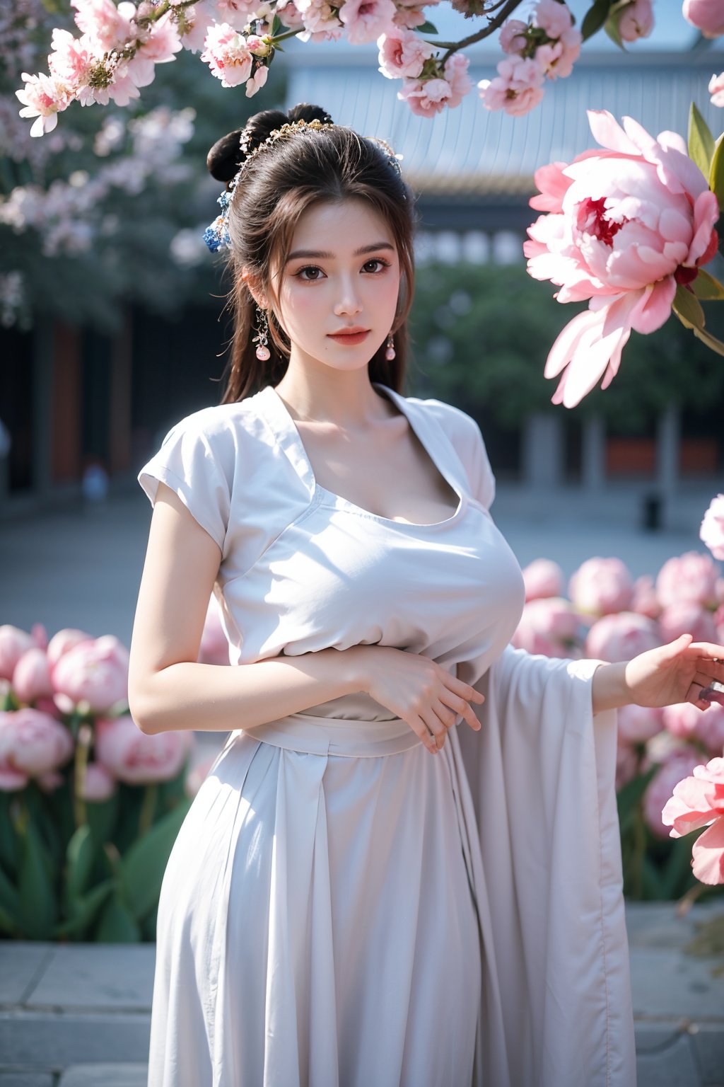 Masterpiece, Best Quality,young and beautiful Chinese girl wearing a cheongsam with coiled hair,wearing vintage Chinese earrings, (big breasts:1.45),1girl, half, (Masterpiece:1.2), best quality,arien_hanfu, 1girl, (spring scene:1.59), (red hanfu dress:1.29),looking_at_viewer, (big breasts:1.69),Young beauty spirit,(The background is the Forbidden City1.39),Xyunxiao,(Large aperture, blurred background, spring scene, peony flowers:1.39)