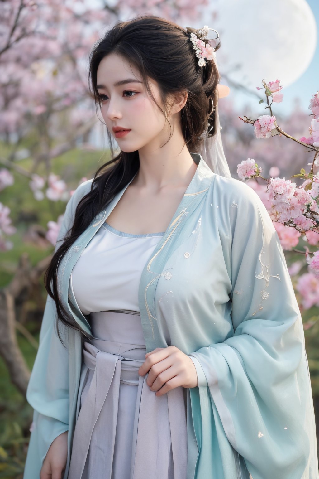 (masterpiece, best quality:1.2), highres, extremely detailed, 1 girl, very long hair, eye highlights,BREAK,(light color hanfu dress:1.39), frills, outdoors, flower, fluttering petals, upper body, depth of field,pastel color, Depth of field,garden of the sun,shiny,flowers, garden, 1girl, butterfly style, butterflies, ultra detailed, glary,Light, light particles,glitter,reflect,,(big breasts:1.63),Xyunxiao,(full moon:1.39),waterfall 