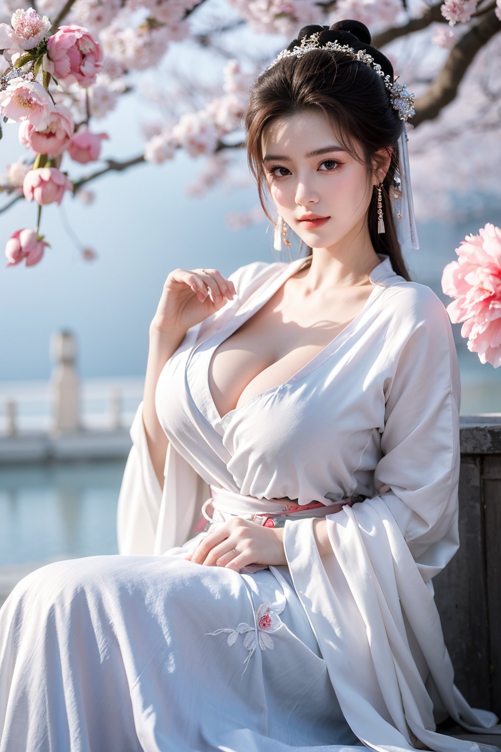 Masterpiece, Best Quality,young and beautiful Chinese girl wearing a cheongsam with coiled hair,wearing vintage Chinese earrings, (big breasts:1.45),1girl, half, (Masterpiece:1.2), best quality,arien_hanfu, 1girl, (spring scene:1.59), (red hanfu dress:1.29),looking_at_viewer, (big breasts:1.69),Young beauty spirit,(The background is the Forbidden City1.39),Xyunxiao,(Large aperture, blurred background, spring scene, peony flowers:1.39)