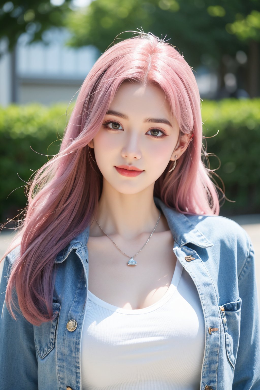 A young woman with vibrant pink hair and long locks framing her heart-shaped face. She gazes directly at the viewer, a warm smile spreading across her closed-mouthed lips. Her green eyes sparkle as she wears a white shirt with a jacket open to reveal a belt and necklace. A bag slung over her shoulder, she stands confidently, her denim jacket worn over a blue one, creating a sense of depth and texture in the blurred background.,Xyunxiao,(big breasts:1.39),