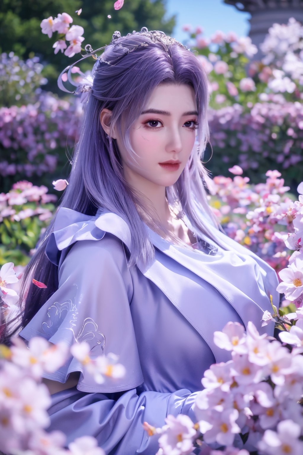 (masterpiece, best quality:1.2), highres, extremely detailed, 1 girl, purple hair, eye highlights,purple dress, frills, outdoors, flower, fluttering petals, upper body, depth of field,pastel color, Depth of field,garden of the sun,shiny,flowers, garden, 1girl, butterfly style, butterflies, ultra detailed, glary,Light, light particles,glitter,reflect,,(big breasts:1.29),Xyunxiao,sky_moon,Ziling