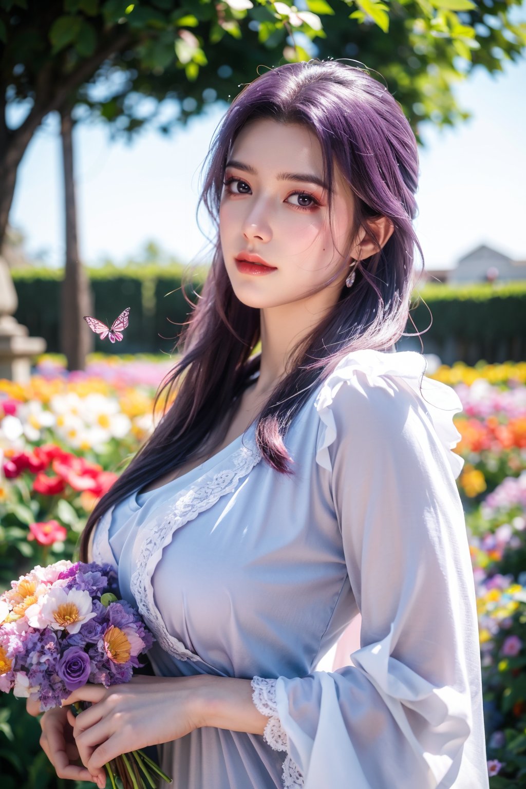 (masterpiece, best quality:1.2), highres, extremely detailed, 1 girl, purple hair, eye highlights,purple dress, frills, outdoors, flower, fluttering petals, upper body, depth of field,pastel color, Depth of field,garden of the sun,shiny,flowers, garden, 1girl, butterfly style, butterflies, ultra detailed, glary,Light, light particles,glitter,reflect,,(big breasts:1.29),Xyunxiao,sky_moon