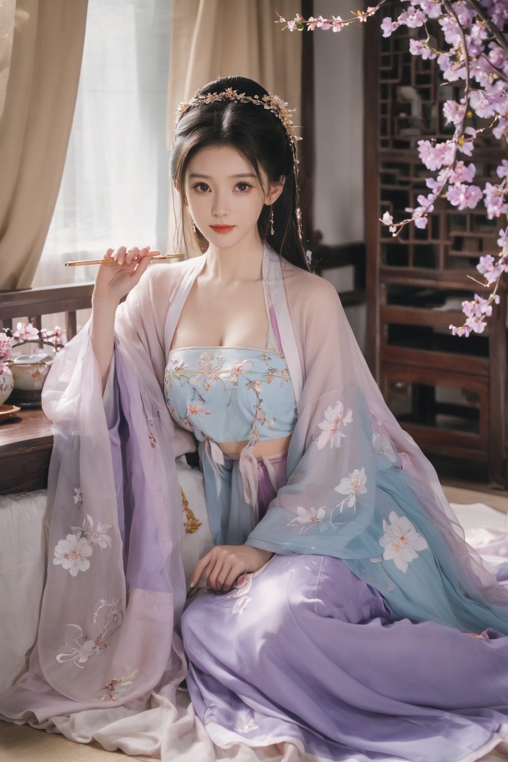 (masterpiece, best quality:1.2),1girl, solo, long hair, black hair,Hairpins,necklace, hair ornament, dress, full body, (huge breasts:2.29), (full breasts:1.69),flower, earrings, indoors, hair bun, (light purple-blue dress:1.29),(Tube top Hanfu long skirt:1.1), pillow, bed, night, chinese clothes, table, branch,daxiushan, ,daxiushan style,(huge breasts:2.39), (full breasts:1.79), realistic,hanfu, daxiushan,Shoulders are exposed, , daxiushan, arien_hanfu, FilmGirl,,Xyunxiao,weijin_hanfu,Xningyudie