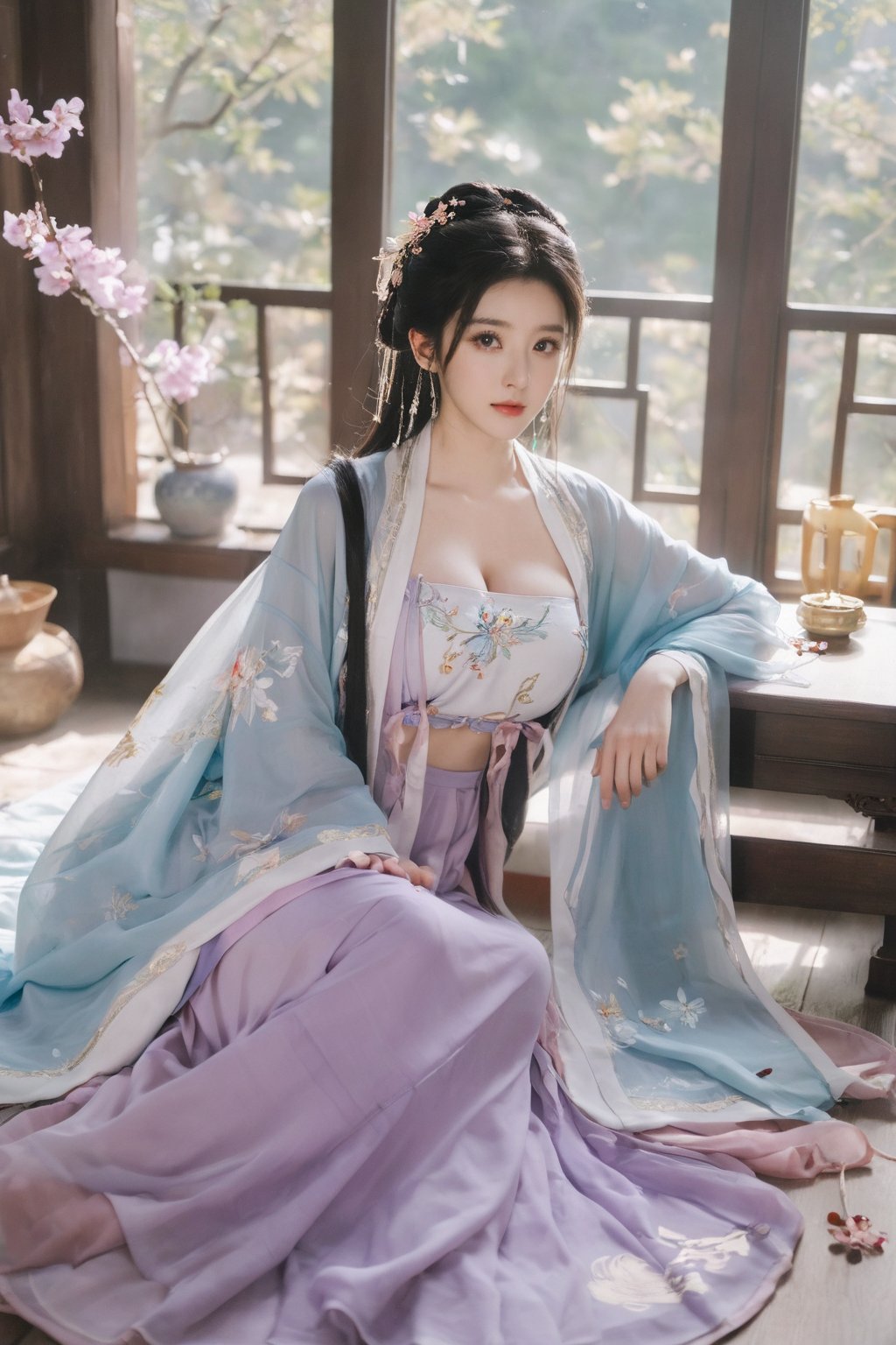 (masterpiece, best quality:1.2),1girl, solo, long hair, black hair,Hairpins,necklace, hair ornament, dress, full body, (huge breasts:2.29), (full breasts:1.69),flower, earrings, indoors, hair bun, (light purple-blue dress:1.29),(Tube top Hanfu long skirt:1.1), pillow, bed, night, chinese clothes, table, branch,daxiushan, ,daxiushan style,(huge breasts:2.39), (full breasts:1.79), realistic,hanfu, daxiushan,Shoulders are exposed, , daxiushan, arien_hanfu, FilmGirl,,Xyunxiao,weijin_hanfu,Xningyudie