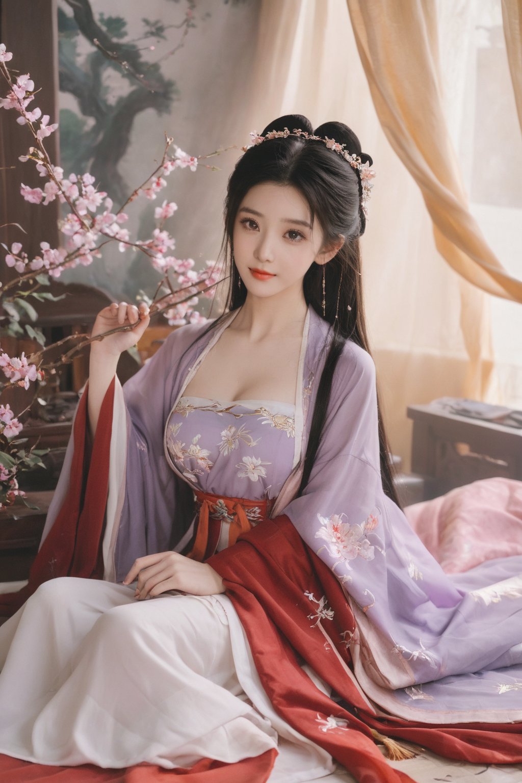 (masterpiece, best quality:1.2),1girl, solo, long hair, black hair,Hairpins,necklace, hair ornament, dress, full body, (huge breasts:2.29), (full breasts:1.69),flower, earrings, indoors, hair bun, (light purple-red dress:1.29),(Tube top Hanfu long skirt:1.1), pillow, bed, night, chinese clothes, table, branch,daxiushan, ,daxiushan style,(huge breasts:2.39), (full breasts:1.79), realistic,hanfu, daxiushan,Shoulders are exposed, , daxiushan, arien_hanfu, FilmGirl,,Xyunxiao,weijin_hanfu,Xningyudie