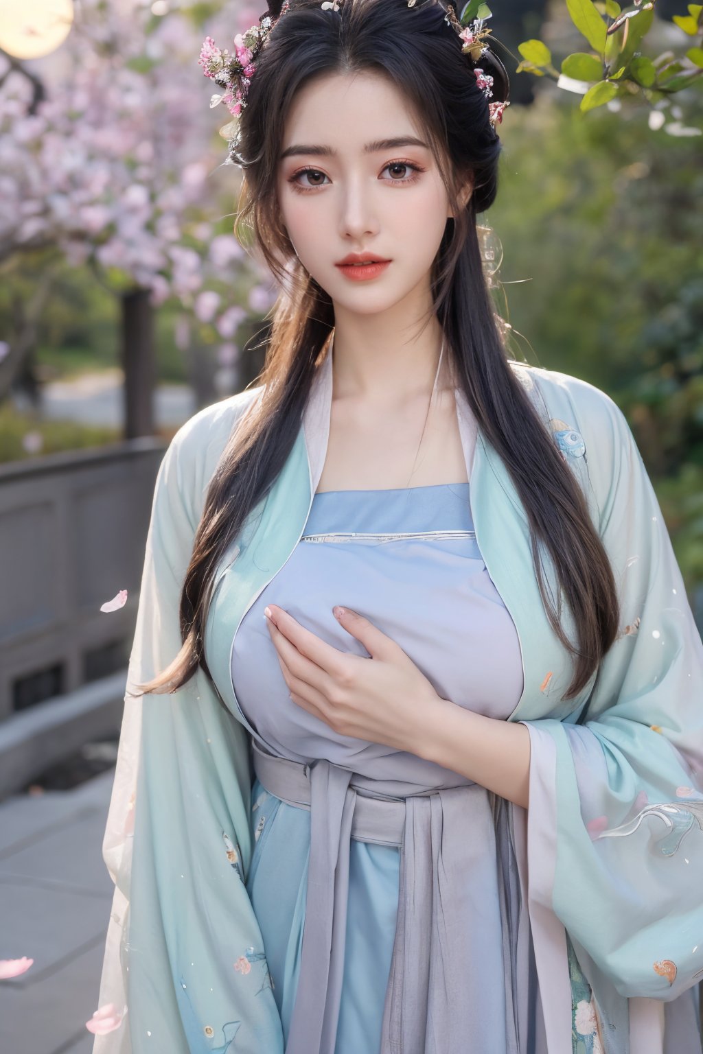 (masterpiece, best quality:1.2), highres, extremely detailed, 1 girl, very long hair, eye highlights,BREAK,(light color hanfu dress:1.39), frills, outdoors, flower, fluttering petals, upper body, depth of field,pastel color, Depth of field,garden of the sun,shiny,flowers, garden, 1girl, butterfly style, butterflies, ultra detailed, glary,Light, light particles,glitter,reflect,,(big breasts:1.63),Xyunxiao,(full moon:1.39),waterfall 