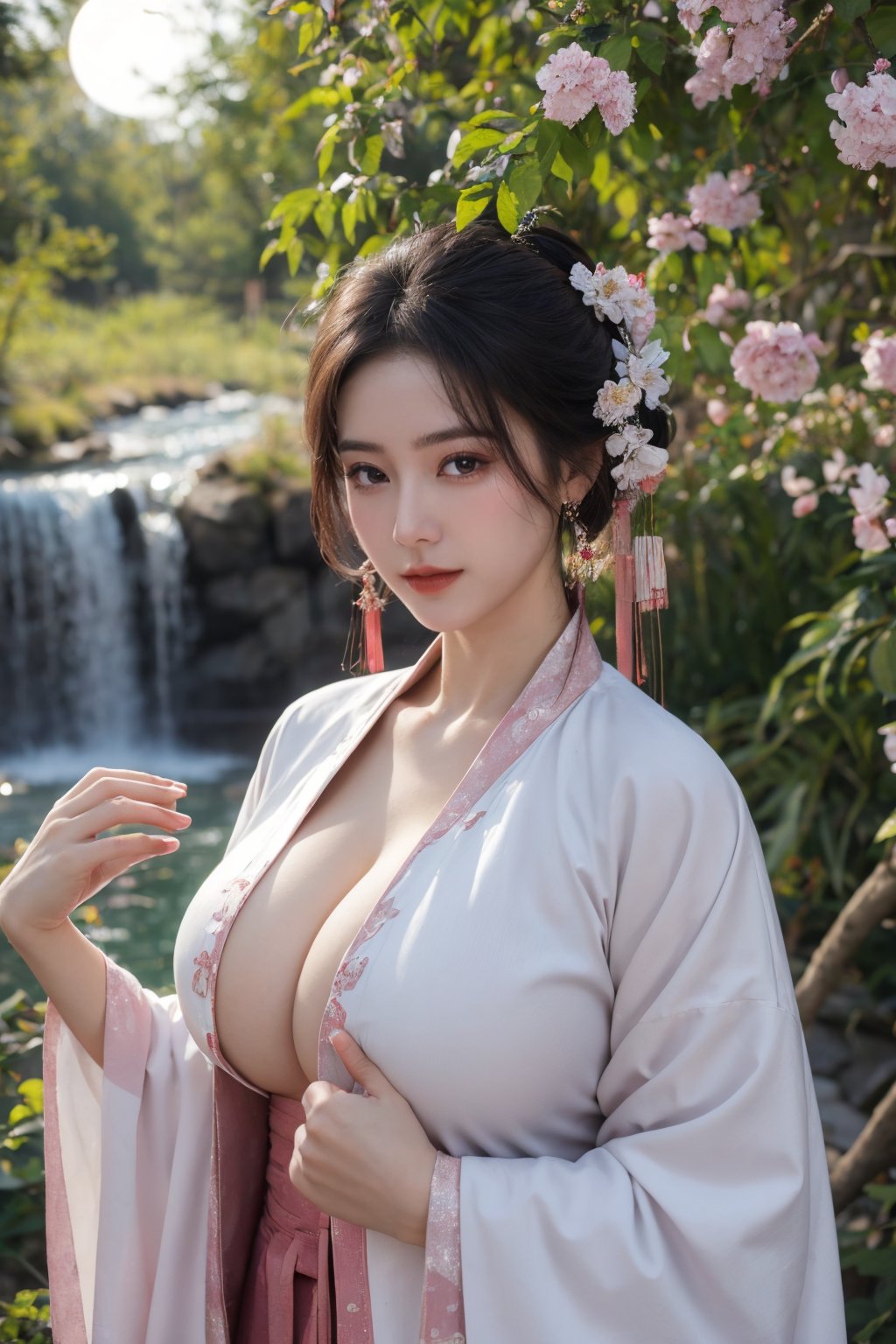 (masterpiece, best quality:1.2), highres, extremely detailed, 1 girl, purple hair, eye highlights,(light red hanfu dress:1.29), frills, outdoors, flower, fluttering petals, upper body, depth of field,pastel color, Depth of field,garden of the sun,shiny,flowers, garden, 1girl, butterfly style, butterflies, ultra detailed, glary,Light, light particles,glitter,reflect,,(big breasts:1.6),Xyunxiao,(full moon:1.29),waterfall 