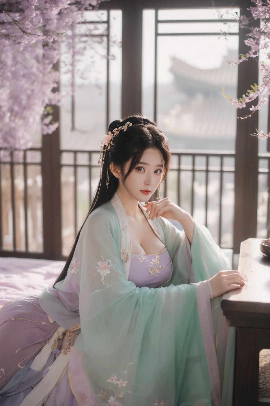 (masterpiece, best quality:1.2),1girl, solo, long hair, black hair,Hairpins,necklace, hair ornament, dress, full body, (huge breasts:2.19), (full breasts:1.69),flower, earrings, indoors, hair bun, (light purple-green dress:1.29),(Tube top Hanfu long skirt:1.1), pillow, bed, night, chinese clothes, table, branch,daxiushan, ,daxiushan style,(huge breasts:2.39), (full breasts:1.79), realistic,hanfu, daxiushan,Shoulders are exposed, , daxiushan, arien_hanfu, FilmGirl,,Xyunxiao,weijin_hanfu,Xningyudie