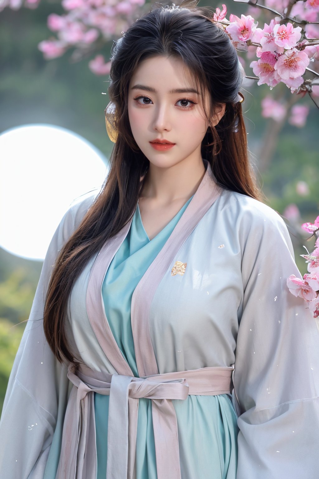 (masterpiece, best quality:1.2), highres, extremely detailed, 1 girl, very long hair, eye highlights,BREAK,(light color hanfu dress:1.39), frills, outdoors, flower, fluttering petals, upper body, depth of field,pastel color, Depth of field,garden of the sun,shiny,flowers, garden, 1girl, butterfly style, butterflies, ultra detailed, glary,Light, light particles,glitter,reflect,,(big breasts:1.63),Xyunxiao,(full moon:1.39),waterfall 