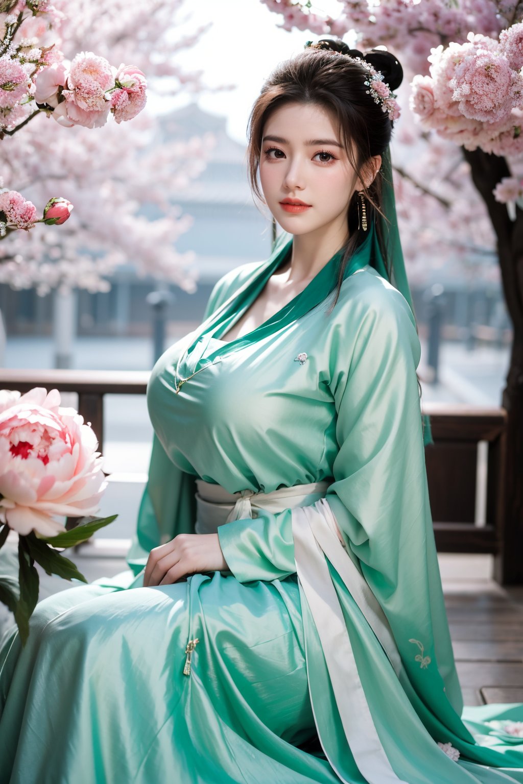 Masterpiece, Best Quality,young and beautiful Chinese girl wearing a cheongsam with coiled hair,wearing vintage Chinese earrings, (big breasts:1.45),1girl, half, (Masterpiece:1.2), best quality,arien_hanfu, 1girl, (spring scene:1.59), (light green hanfu dress:1.29),looking_at_viewer, (big breasts:1.69),Young beauty spirit,(The background is the Forbidden City1.39),Xyunxiao,(Large aperture, blurred background, spring scene, peony flowers:1.39)