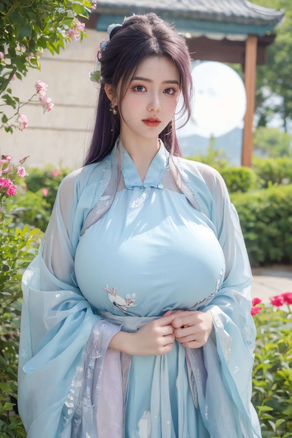 (masterpiece, best quality:1.2), highres, extremely detailed, 1girl, purple hair, eye highlights,BREAK,(light blue hanfu dress:1.39), frills, outdoors, flower, fluttering petals, upper body, depth of field,pastel color, Depth of field,(garden of the sun,shiny,flowers, garden, 1girl, butterfly style, butterflies:1.23), ultra detailed, glary,Light, light particles,glitter,reflect,(big breasts:1.69),Xyunxiao,(full moon:1.39),waterfall 