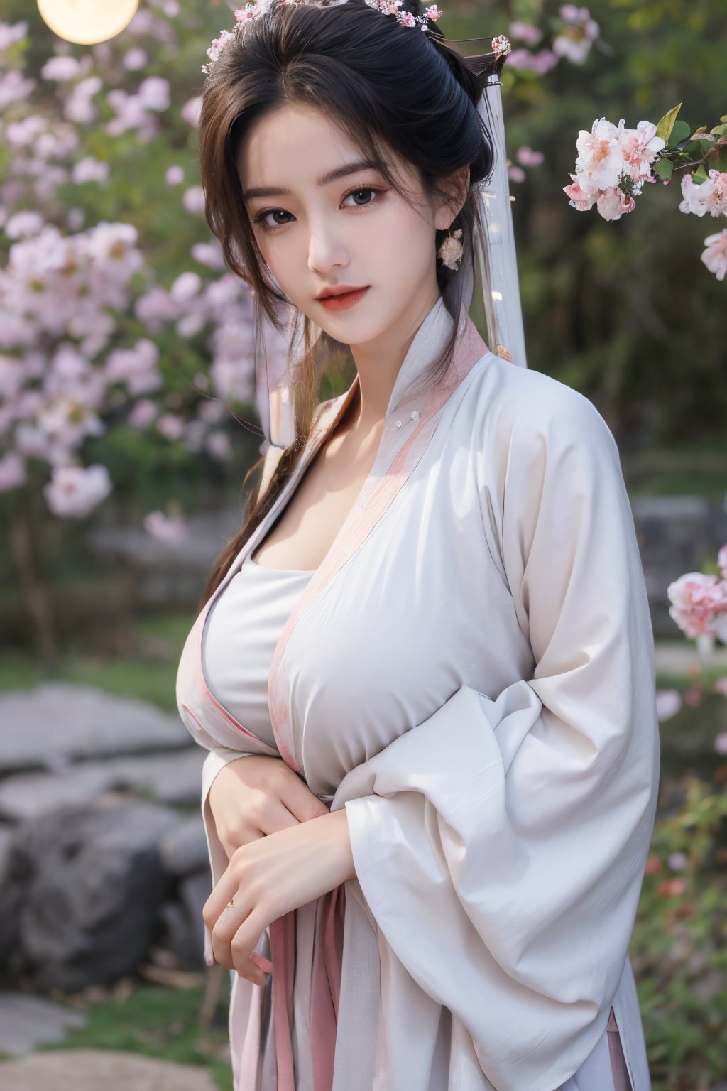 (masterpiece, best quality:1.2), highres, extremely detailed, 1 girl, very long hair, eye highlights,BREAK,(red hanfu dress:1.39), frills, outdoors, flower, fluttering petals, upper body, depth of field,pastel color, Depth of field,garden of the sun,shiny,flowers, garden, 1girl, butterfly style, butterflies, ultra detailed, glary,Light, light particles,glitter,reflect,,(big breasts:1.65),Xyunxiao,(full moon:1.39),waterfall 