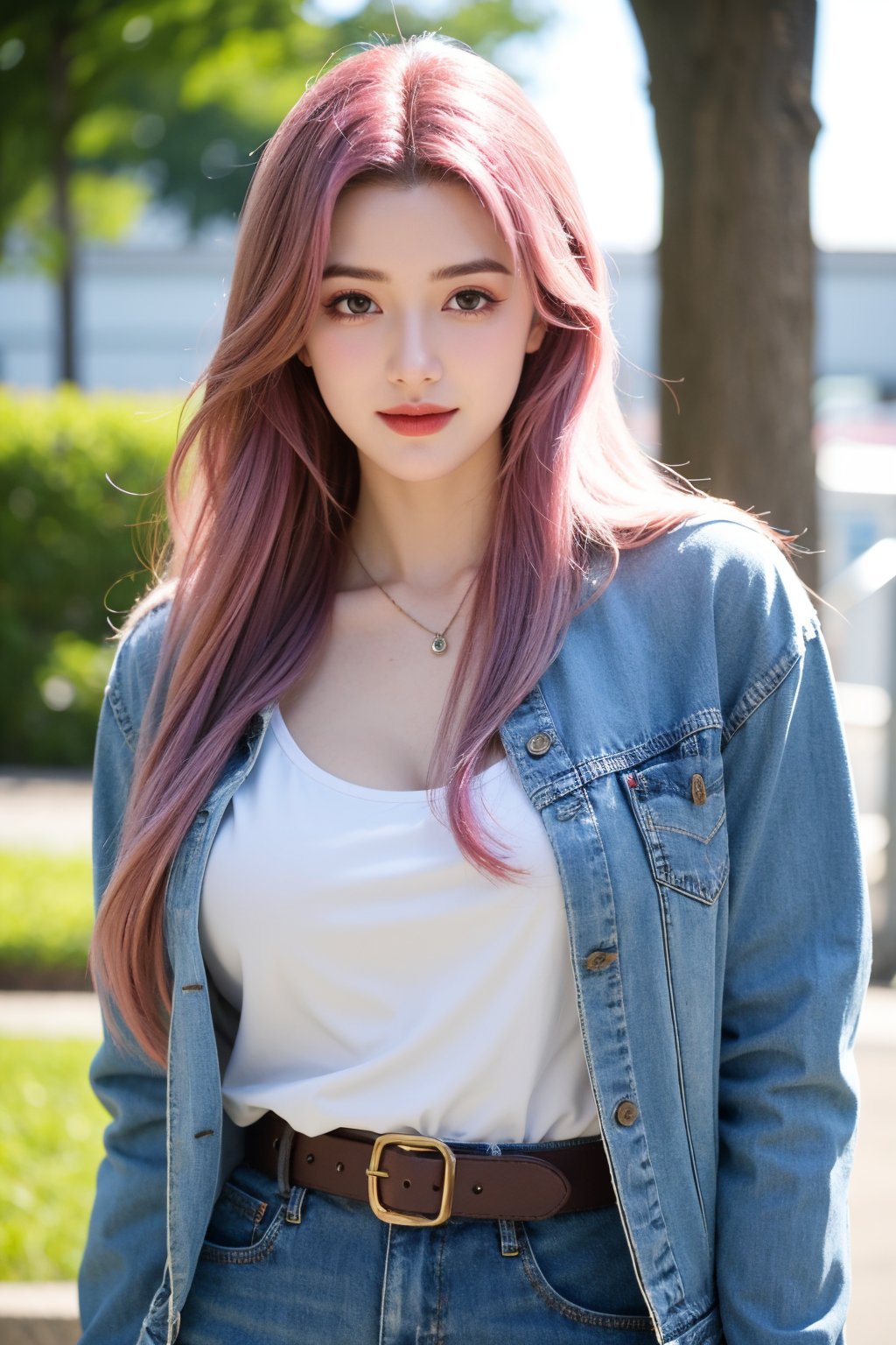 A young woman with vibrant pink hair and long locks framing her heart-shaped face. She gazes directly at the viewer, a warm smile spreading across her closed-mouthed lips. Her green eyes sparkle as she wears a white shirt with a jacket open to reveal a belt and necklace. A bag slung over her shoulder, she stands confidently, her denim jacket worn over a blue one, creating a sense of depth and texture in the blurred background.,Xyunxiao,(big breasts:1.59),Ziling