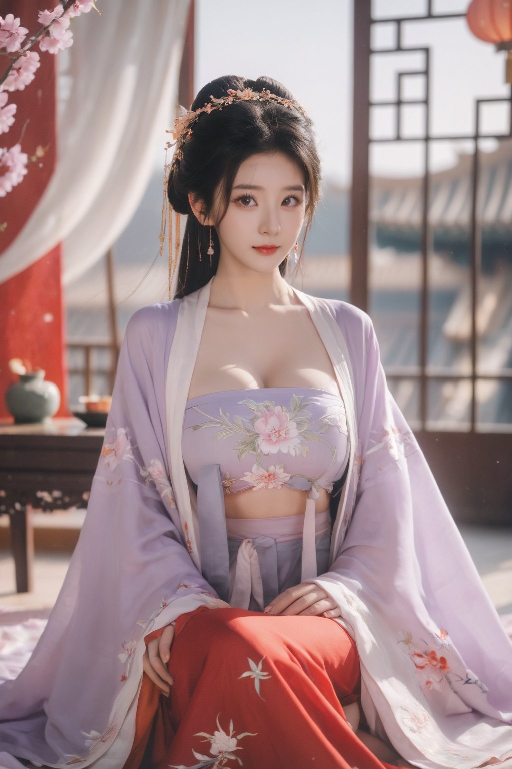 (masterpiece, best quality:1.2),1girl, solo, long hair, black hair,Hairpins,necklace, hair ornament, dress, full body, (huge breasts:2.19), (full breasts:1.69),flower, earrings, indoors, hair bun, (light purple-red dress:1.29),(Tube top Hanfu long skirt:1.1), pillow, bed, night, chinese clothes, table, branch,daxiushan, ,daxiushan style,(huge breasts:2.36), (full breasts:1.79), realistic,hanfu, daxiushan,Shoulders are exposed, , daxiushan, arien_hanfu, FilmGirl,,Xyunxiao,weijin_hanfu,Xningyudie