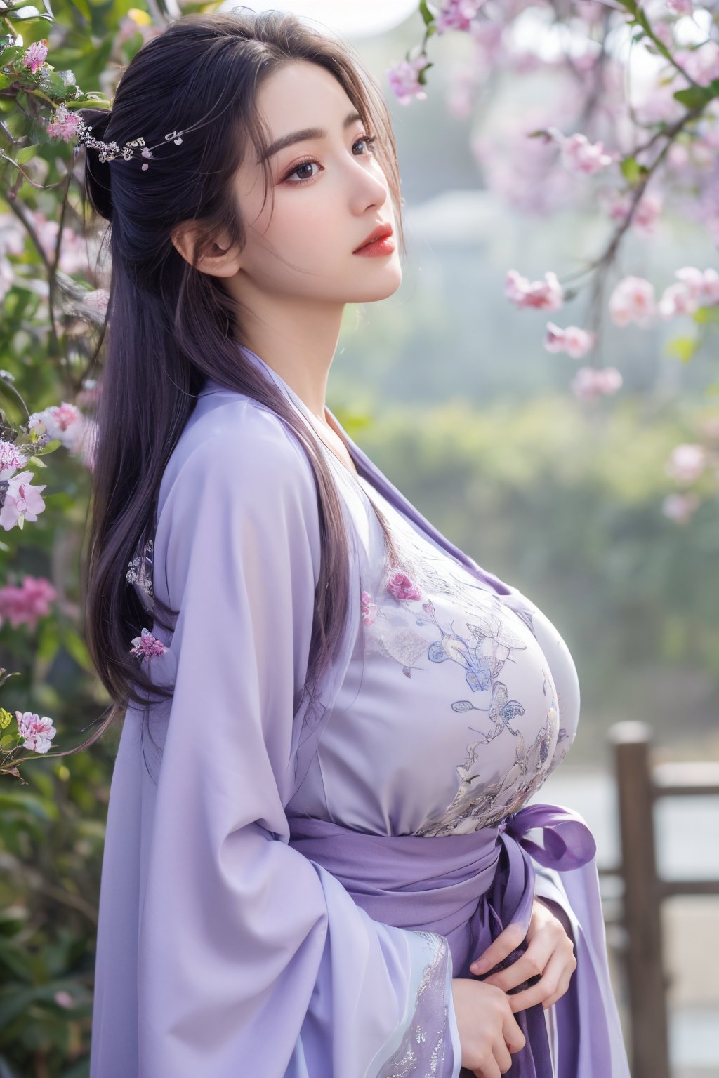 (masterpiece, best quality:1.2), highres, extremely detailed, 1 girl, purple hair, eye highlights,BREAK,(light purple hanfu dress:1.39), frills, outdoors, flower, fluttering petals, upper body, depth of field,pastel color, Depth of field,garden of the sun,shiny,flowers, garden, 1girl, butterfly style, butterflies, ultra detailed, glary,Light, light particles,glitter,reflect,,(big breasts:1.69),Xyunxiao,(full moon:1.29),waterfall 