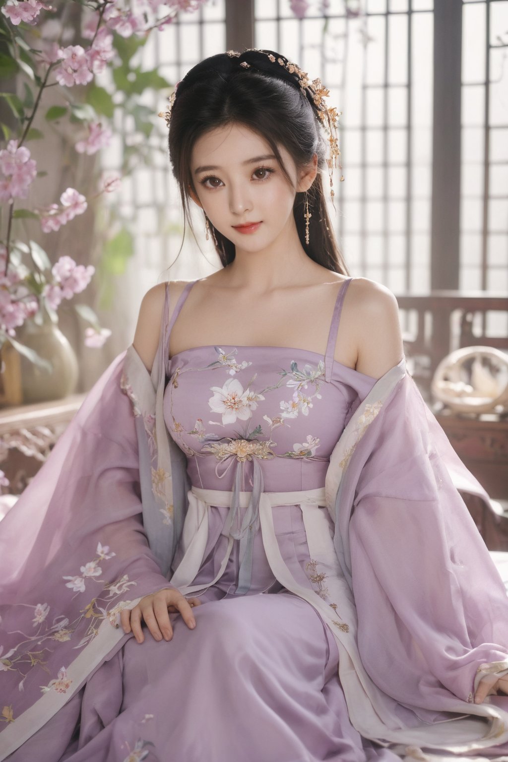 (masterpiece, best quality:1.2),1girl, solo, long hair, black hair,Hairpins,necklace, hair ornament, dress, full body, (huge breasts:2.29), (full breasts:1.69),flower, earrings, indoors, hair bun, (light purple-yellow dress:1.29),(Tube top Hanfu long skirt:1.1), pillow, bed, night, chinese clothes, table, branch,daxiushan, ,daxiushan style,(huge breasts:2.39), (full breasts:1.79), realistic,hanfu, daxiushan,Shoulders are exposed, , daxiushan, arien_hanfu, FilmGirl,,Xyunxiao,weijin_hanfu,Xningyudie